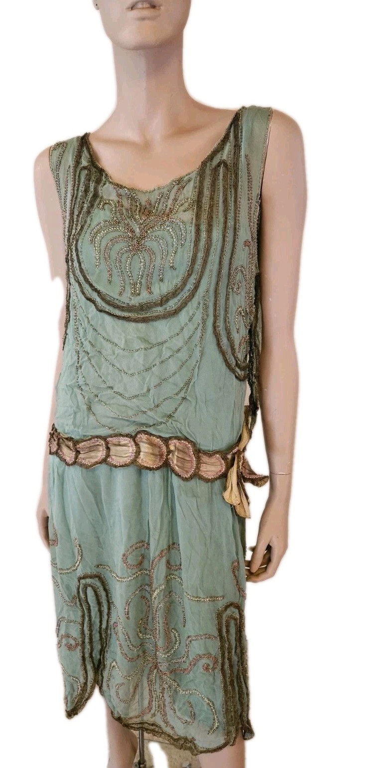 Antique 1920s French Beaded Flapper Dress Gold Lace Vintage Art Deco Bust 36