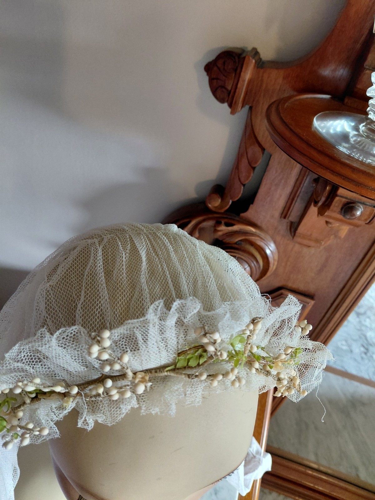 Antique Vintage 1920&rsquo;s Wedding Bridal Veil Wax Orange Blossom Buds Peach Ribbons