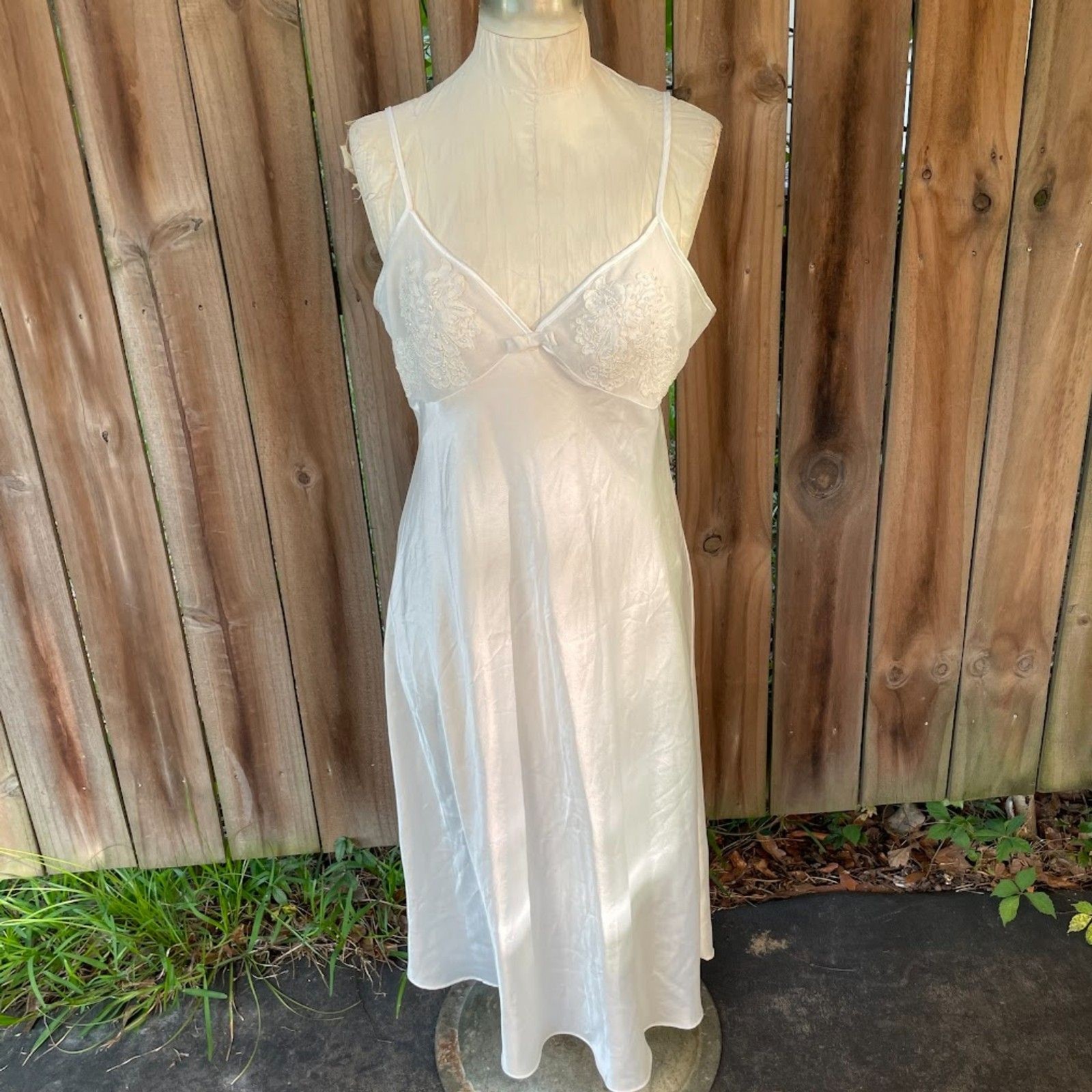 Vintage DENTELLE Off White Satin Bridal Slipdress GOWN Lace Pearls Sheer M