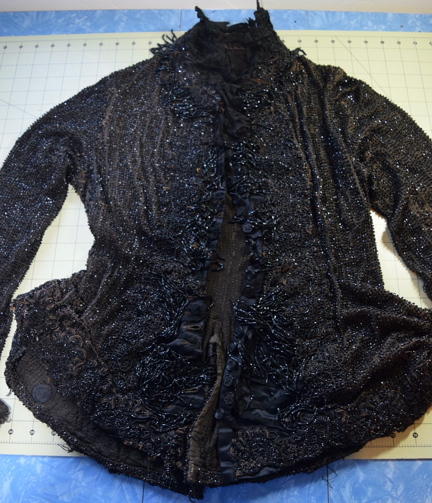4216 Antique 1880&rsquo;s Woman&rsquo;s black beaded/braided bodice, lovely buttons