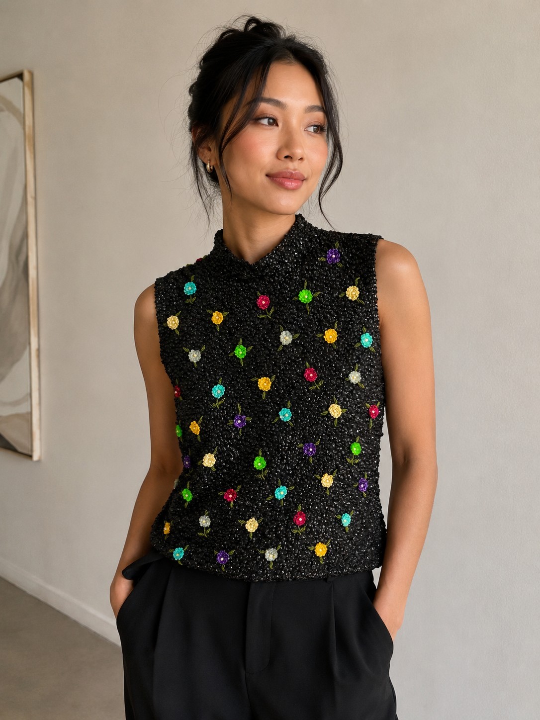 Hovland-Swanson 1960s Beaded Blouse Sequins Flowers RARE Sz 38 Mod Wool & Angora