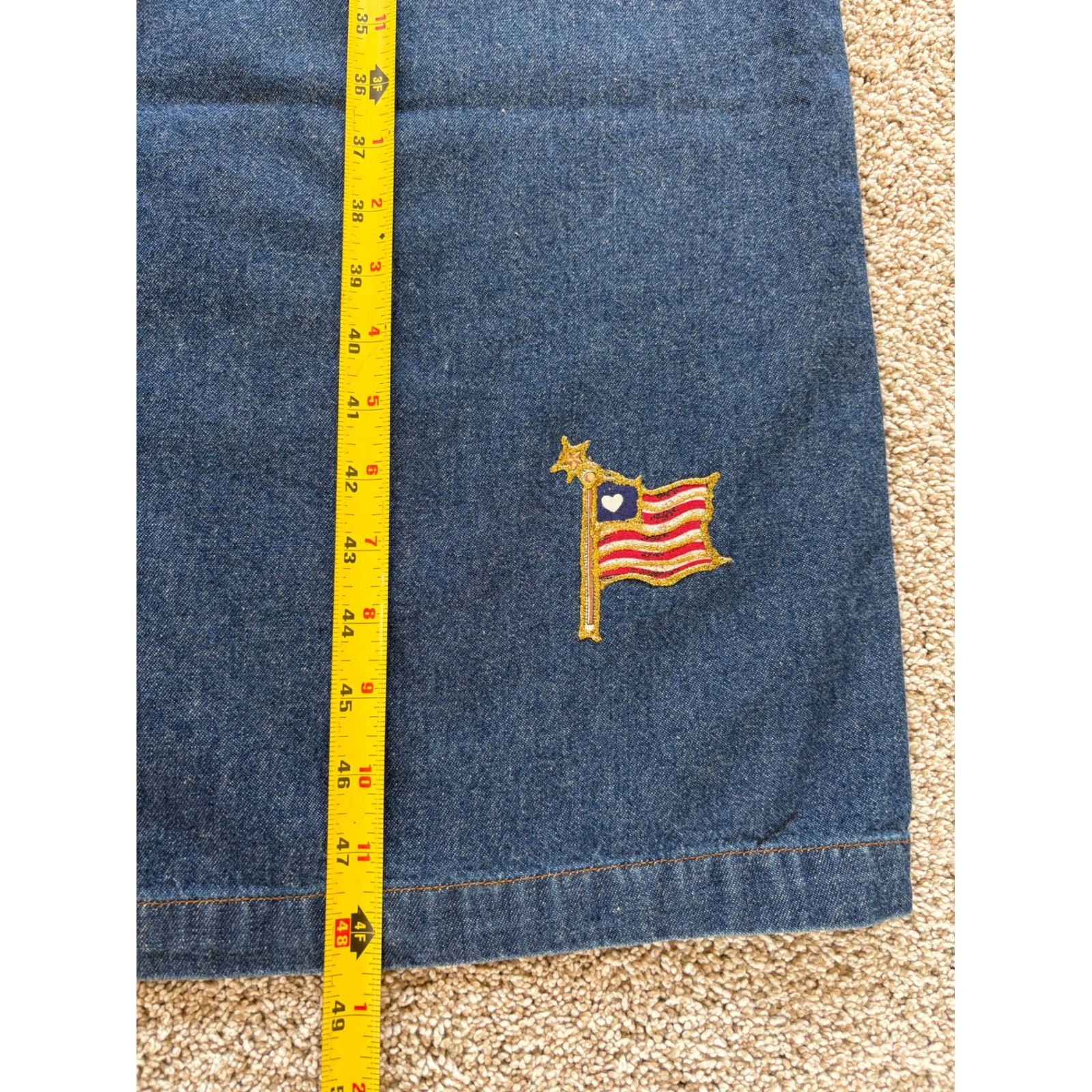 Vtg Basic Editions M Denim Jean Maxi Dress Blue Embroidered Flag Angel Patriotic