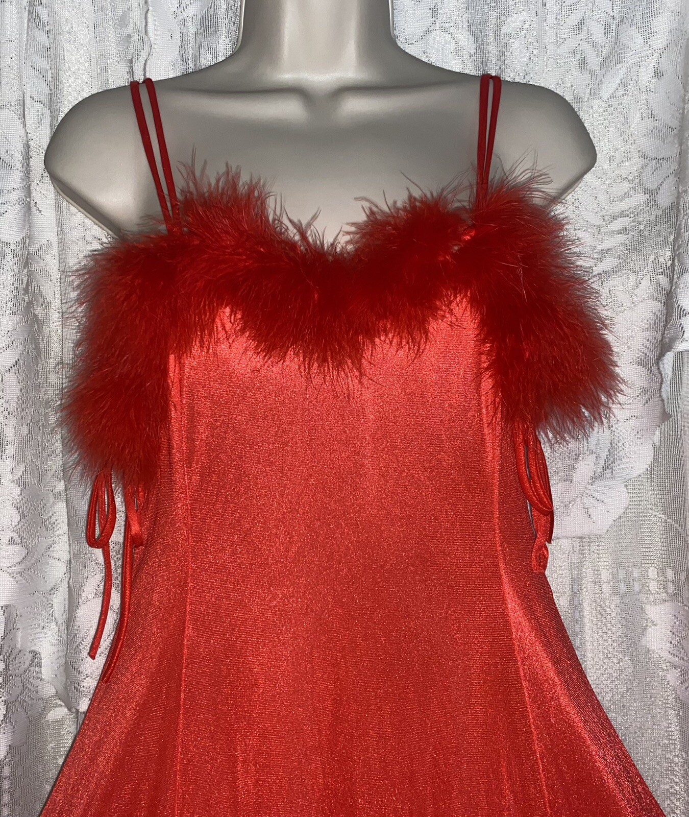 VTG M TRUE RED Nylon Full Sweep Glamour Nightgown Negligee w Real Marabou Trim