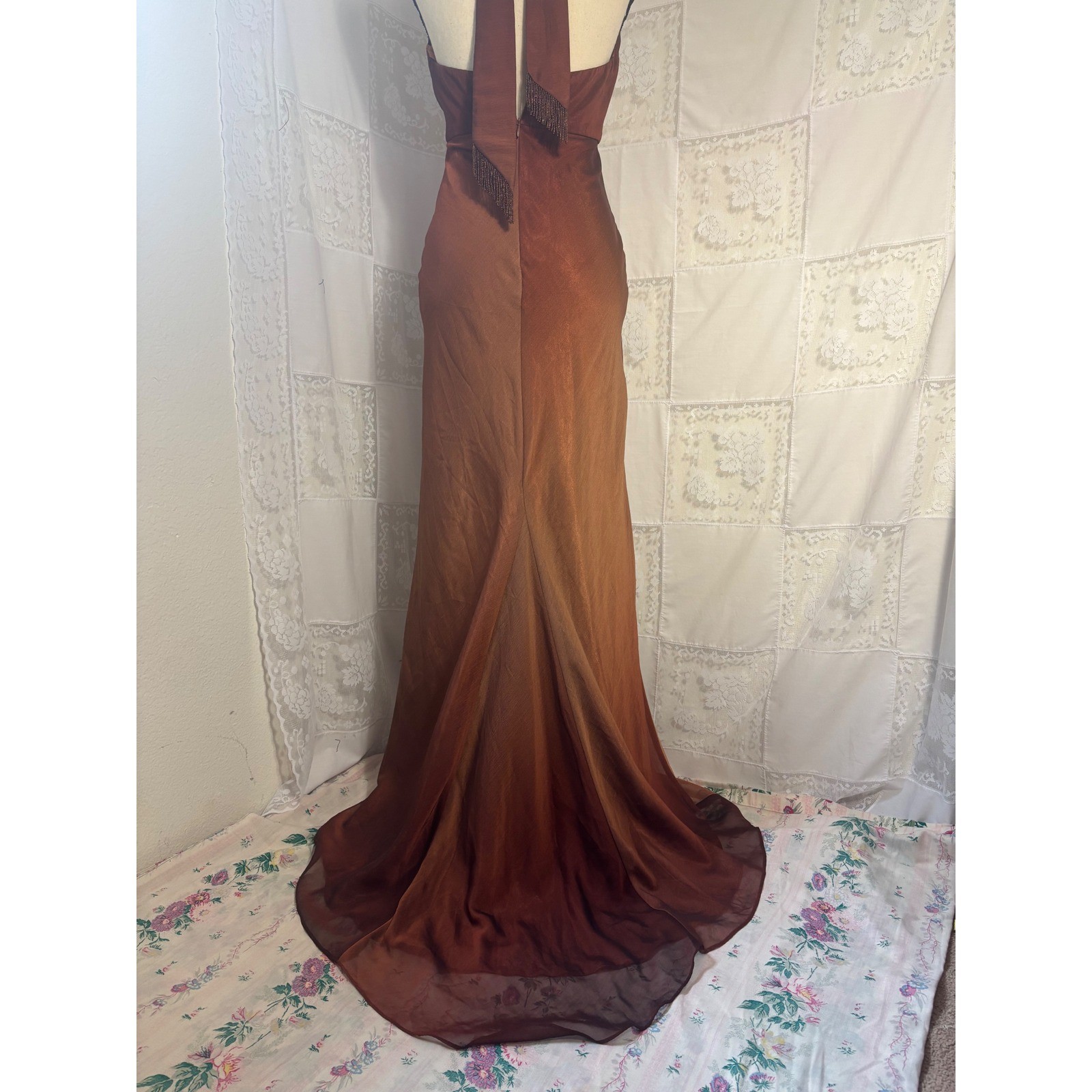 VTG Brown Copper Ombre Plunge Neck Halter Beaded Floor Length Gown Size XS
