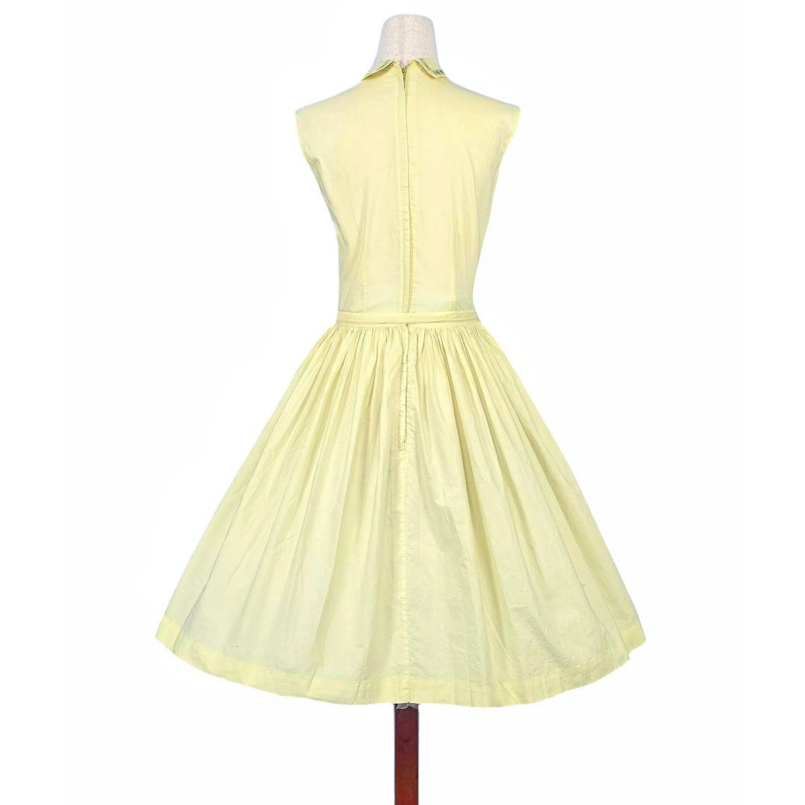 1950s Vintage Dress Belt Set 50s Summer Fit N Flare Cotton Yellow Embroidered XS