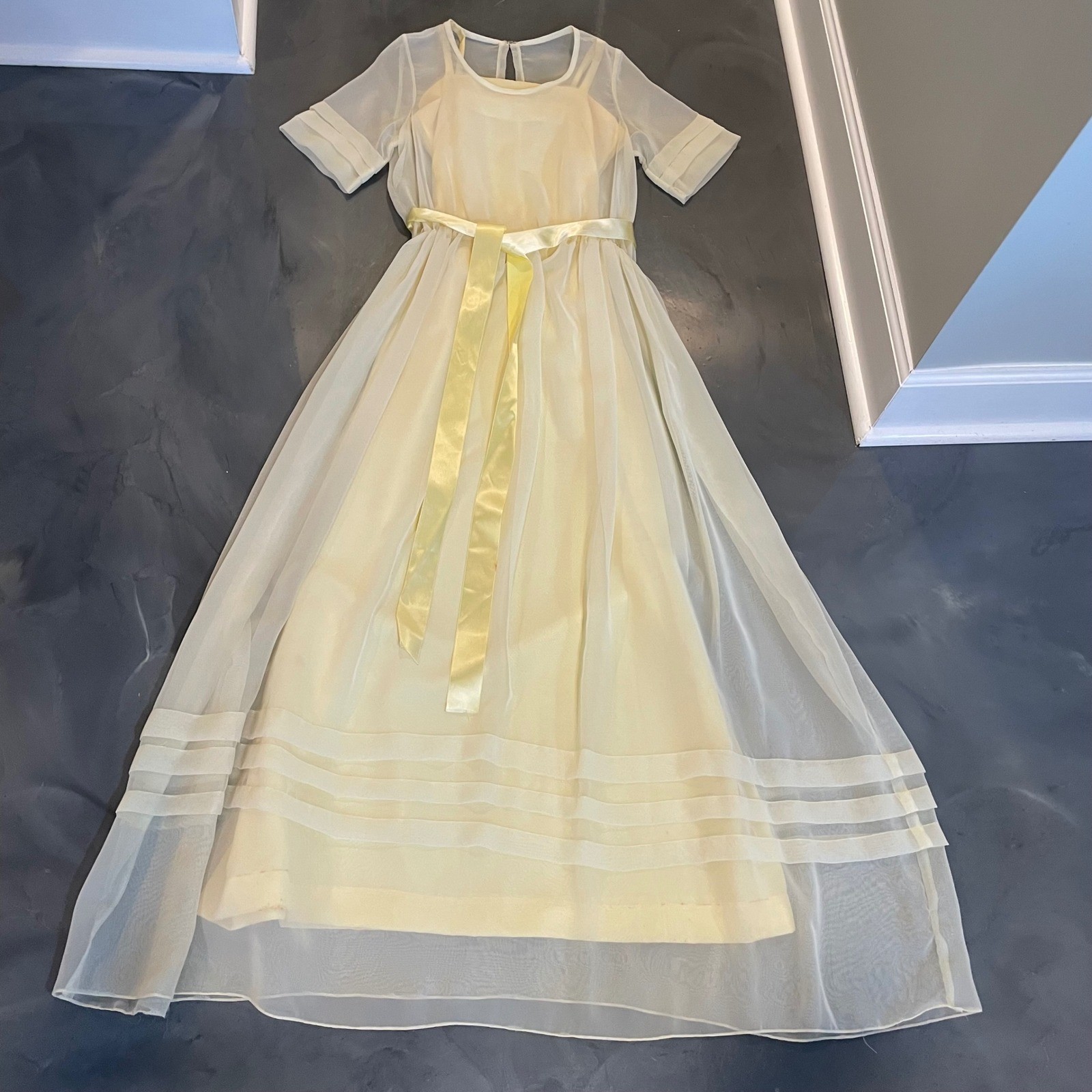 Vintage Yellow Sheer Overlay Maxi Dress S 60s 70s Ethereal Regency Gown Fairy