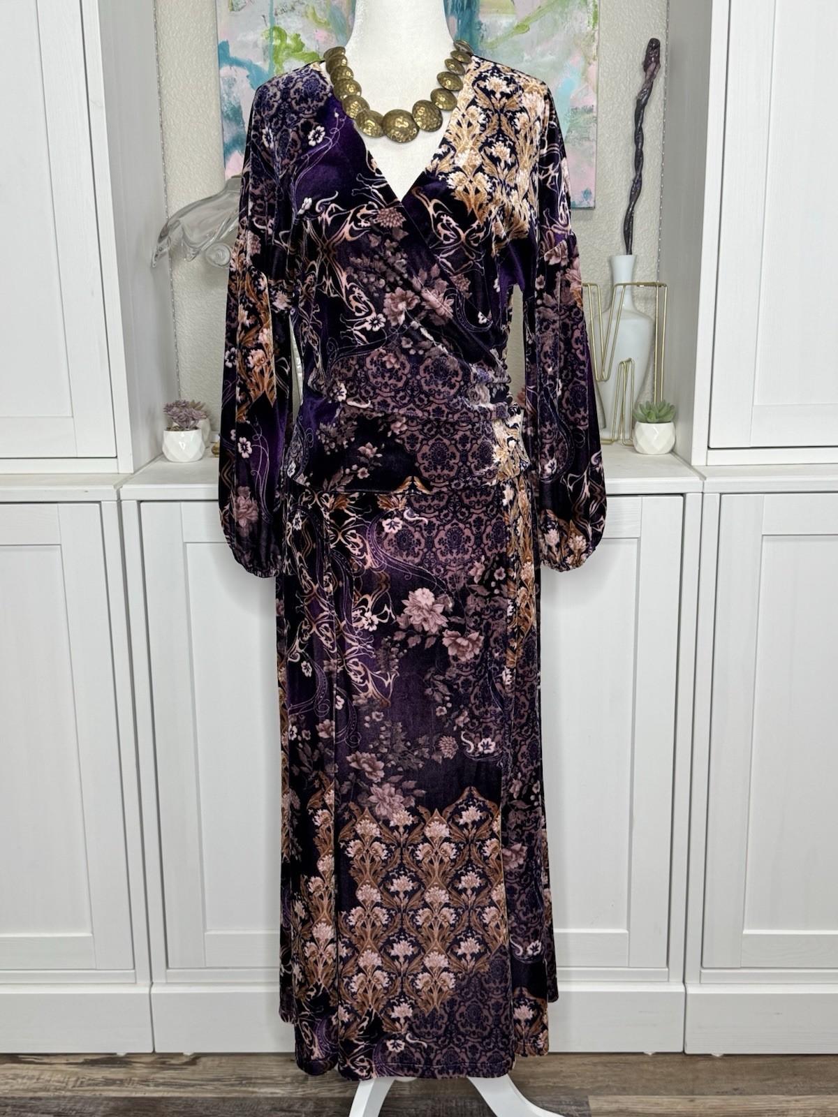 1990s Witchy Velour Dress Vintage Newport News Faux Wrap Medium Stretchy