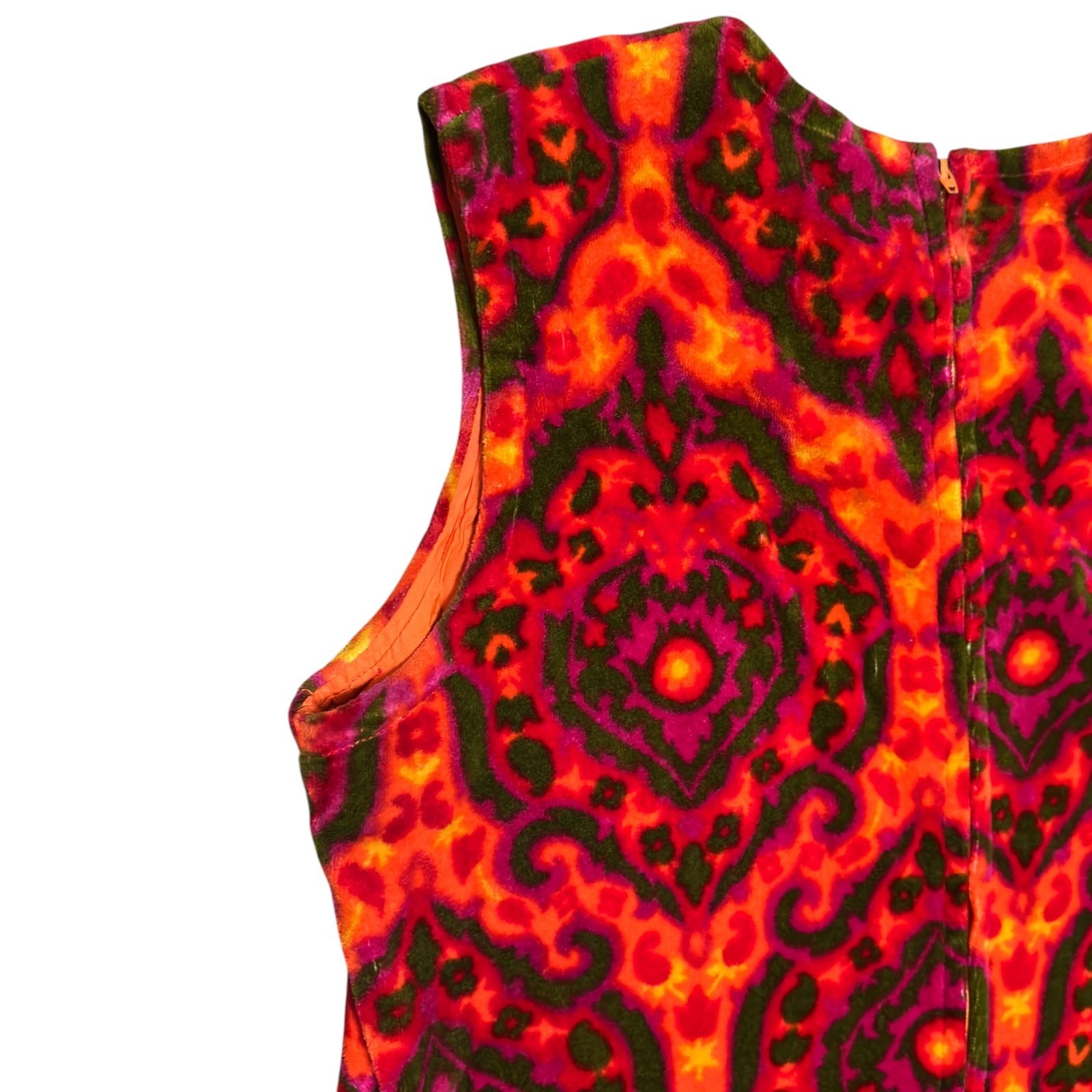 Vintage 60s Psychedelic MOD Sleeveless Dress Velour Zip Up Back Tapestry XL 14
