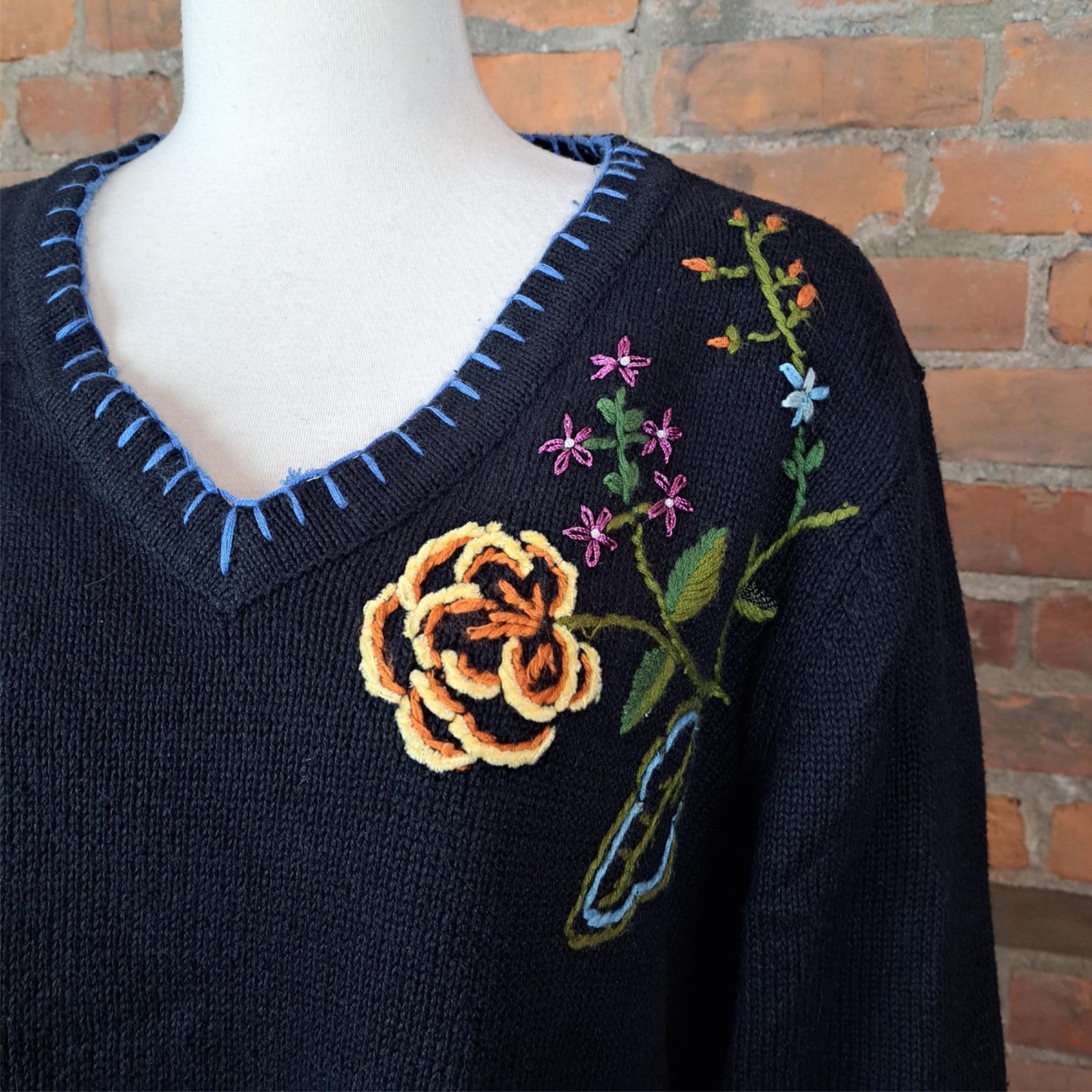 Vintage 1990s Sweater Black Bright Floral Print Long Sleeves Size 2X