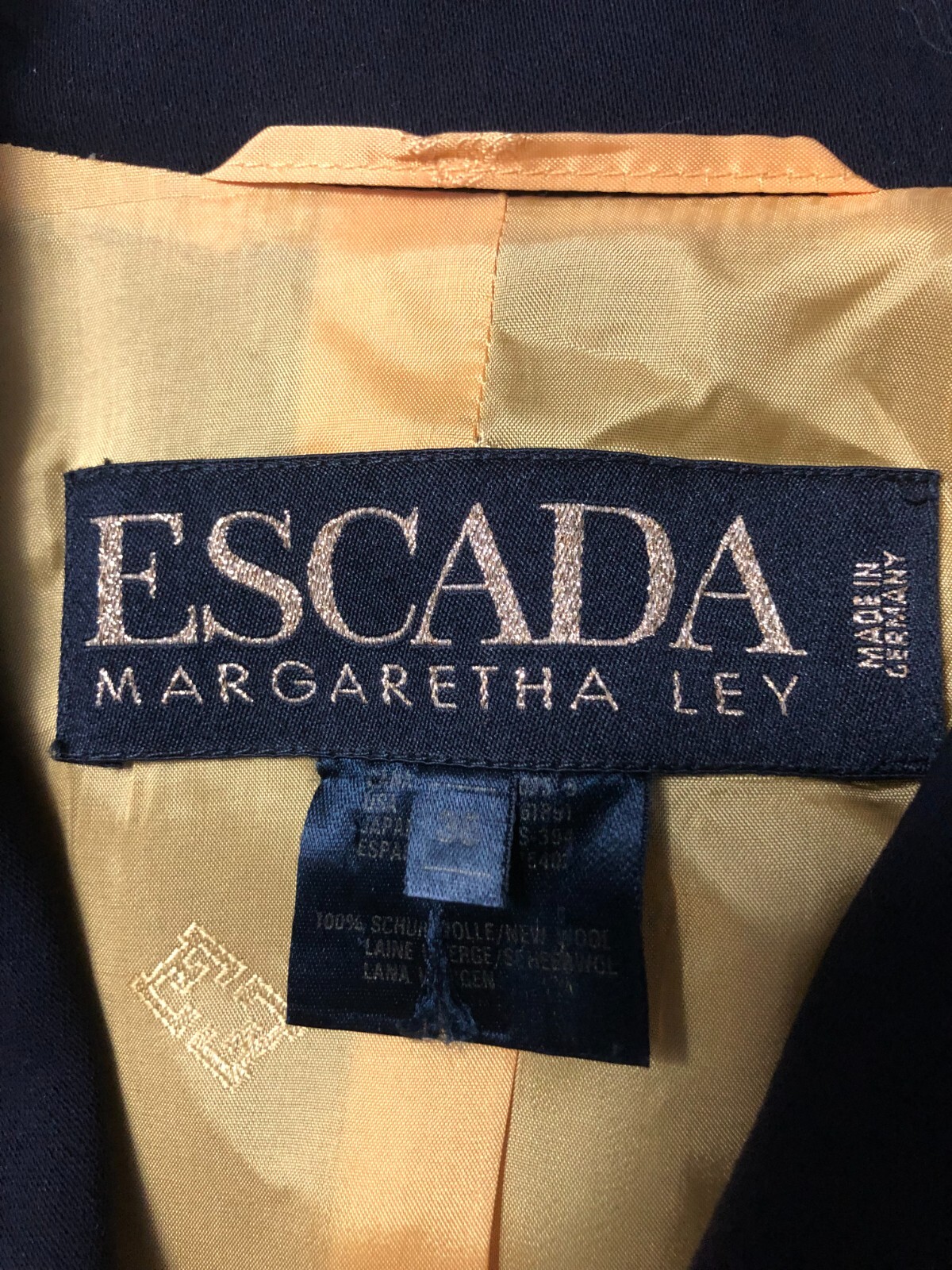 Escada Margaretha Ley Shoulder Pads VTG Navy Blue Gold Thread Blazer Jacket 35