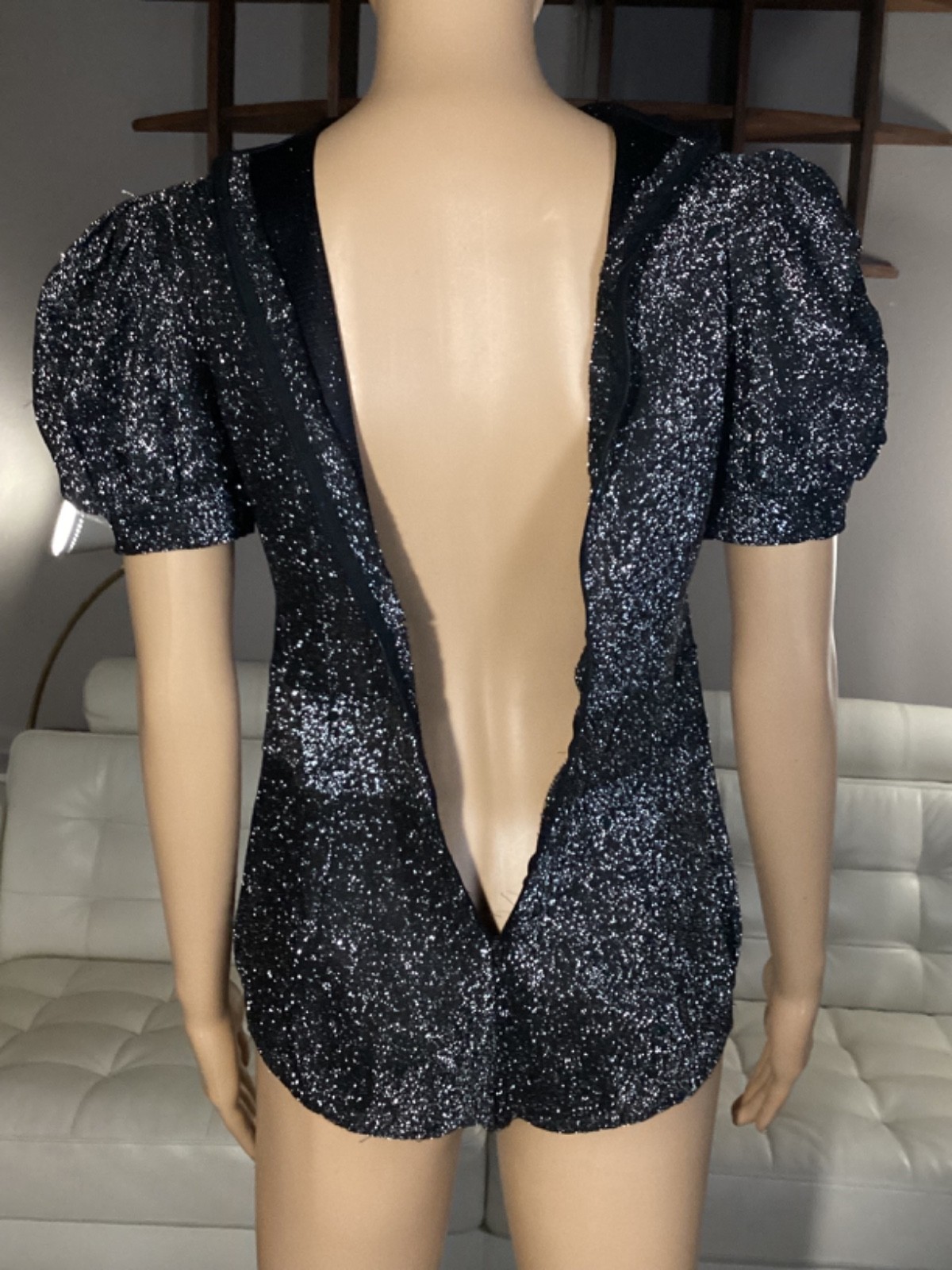 Vintage 70&rsquo;s 80s Silver Metallic Black Disco Body Body Suit Puff Sleeves