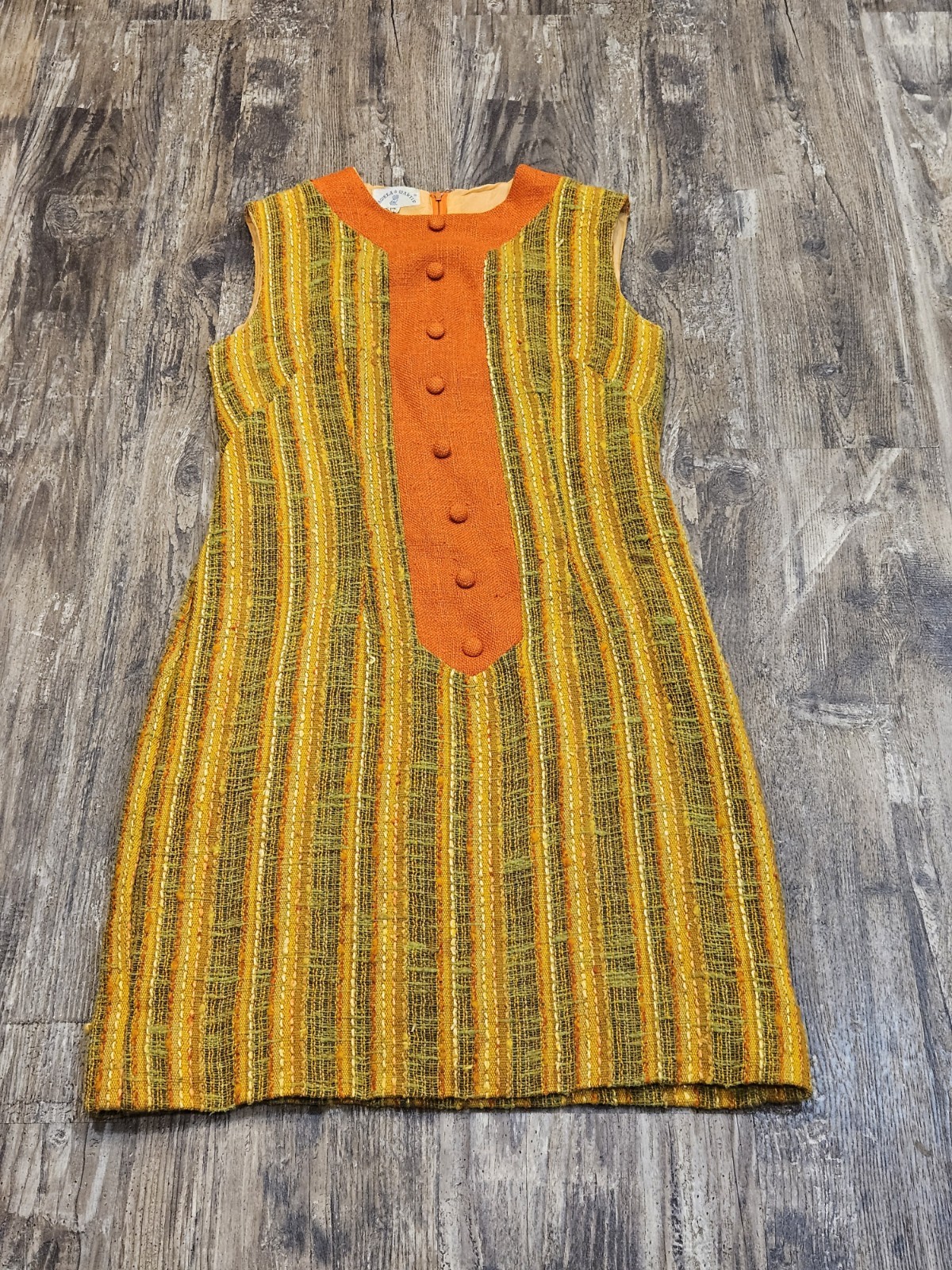 VINTAGE 1960&rsquo;s Pamela Martin Woven Sleeveless Dress Size 14 Orange Green Hippie