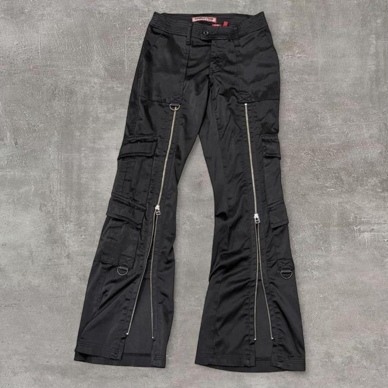 RARE early 00s black satin cargo rave pants with full frontal zips size 5 junior