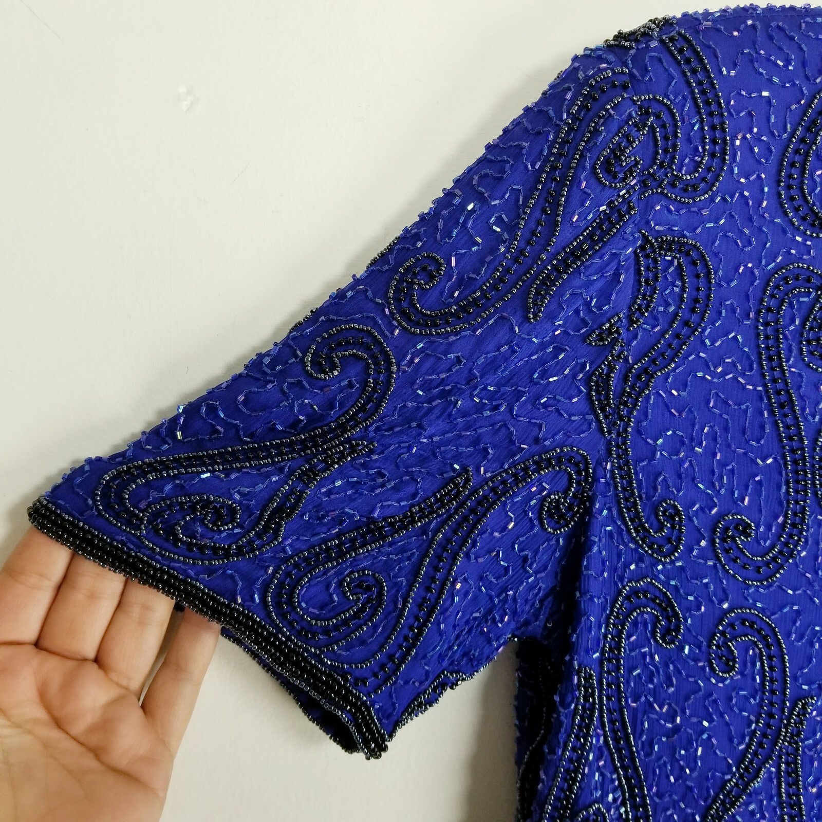 Stenay Medium beaded evening blouse Women royal blue short sleeve zip up vintage