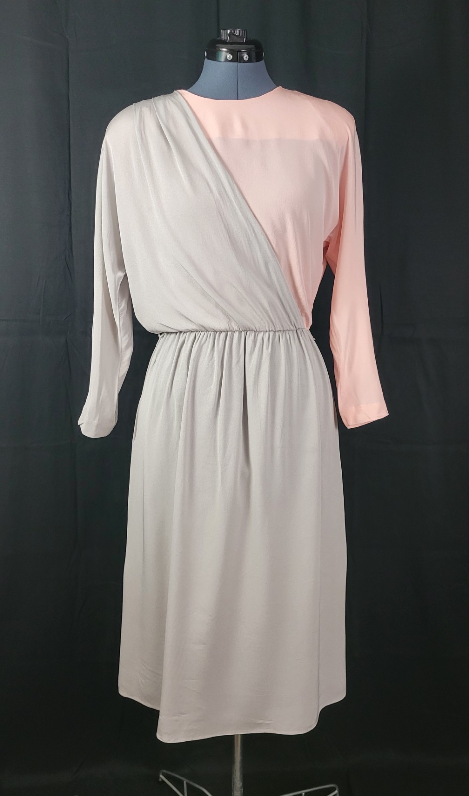 Vintage David Warren Peachy Pink & Grey Blouson Dress w Layered Top Size 10