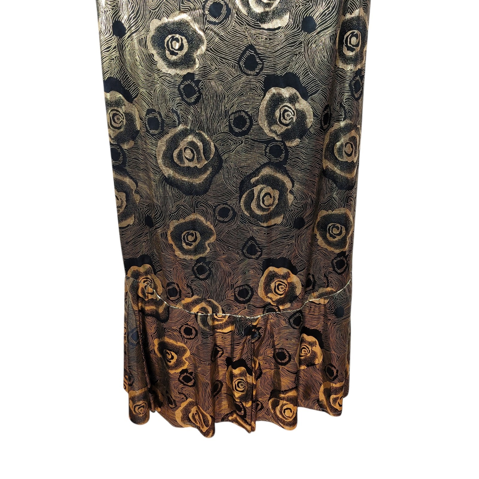 Vintage 70s Metallic Gold Long Evening Gown Dress Small Glamour Liquid Floral