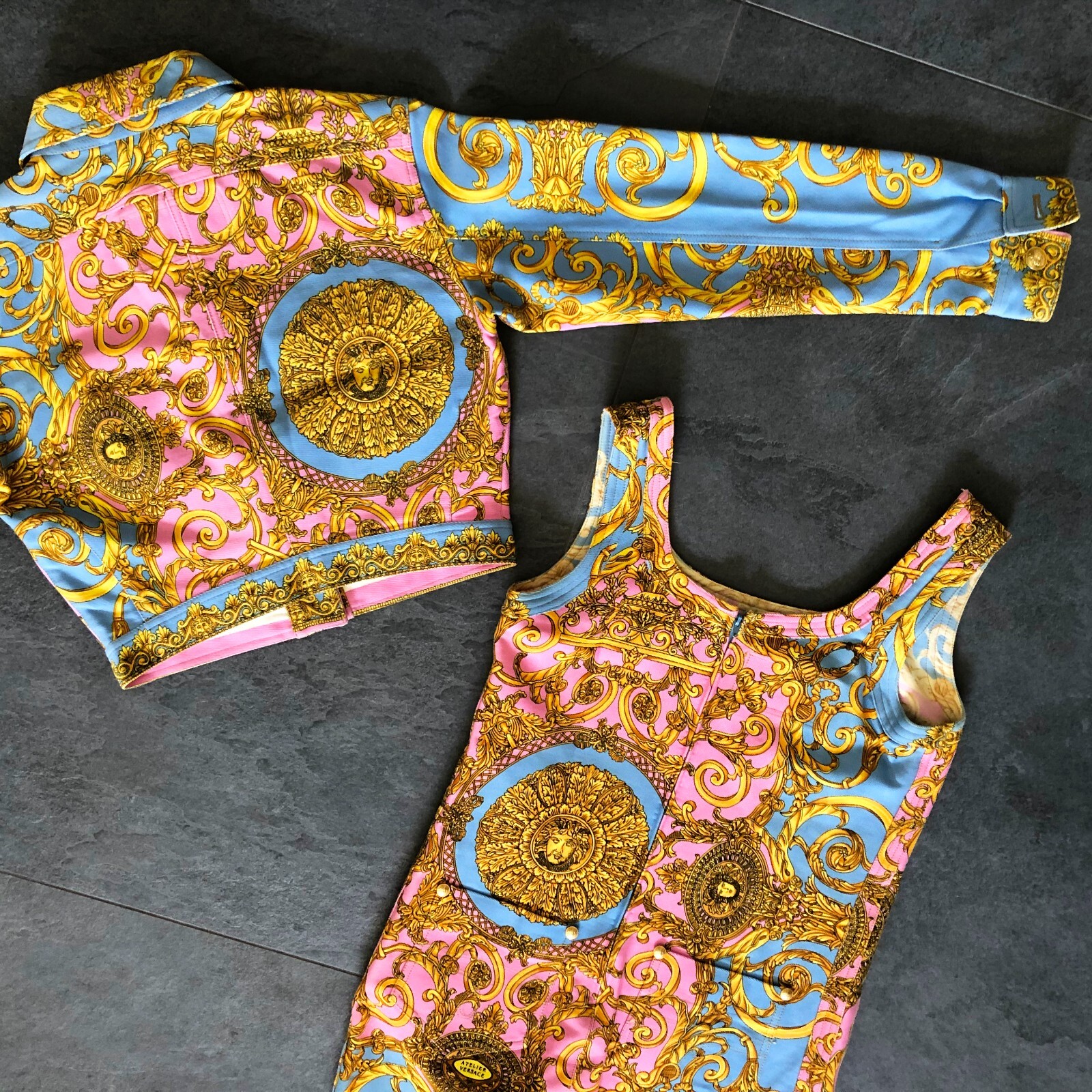 GIANNI VERSACE denim jacket & mini dress Golden Vanitas print 42 from S/S 1992