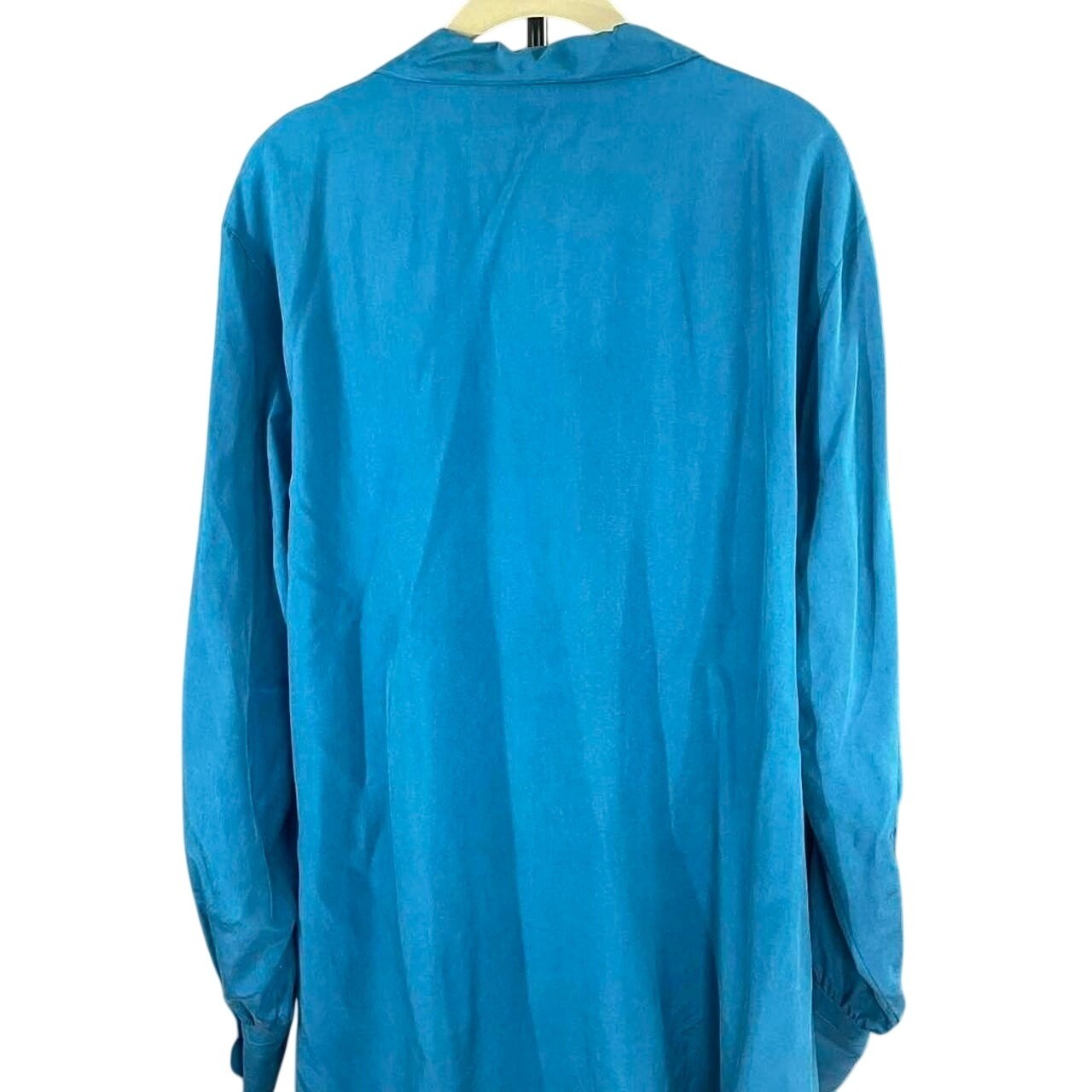 Vintage Teal 100% Silk Button Down Blouse Oversized Coastal Tunic Top