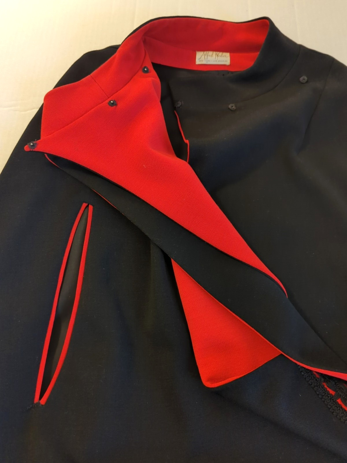 Vtg Alfred Werber Cape S Black Wool Red Attached Scarf High Fashion 1960&rsquo;s Chic