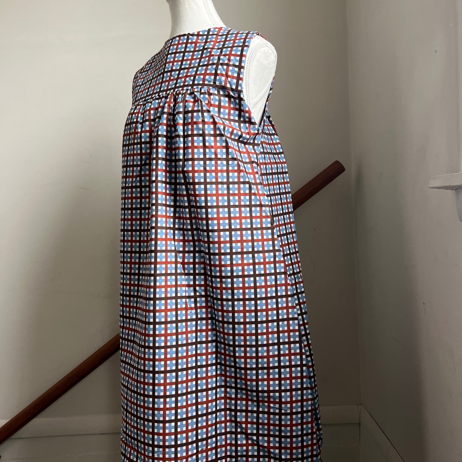 Vintage Plaid Midi Dress Mod MCM Geometric Sleeveless A-Line Muumuu House Coat