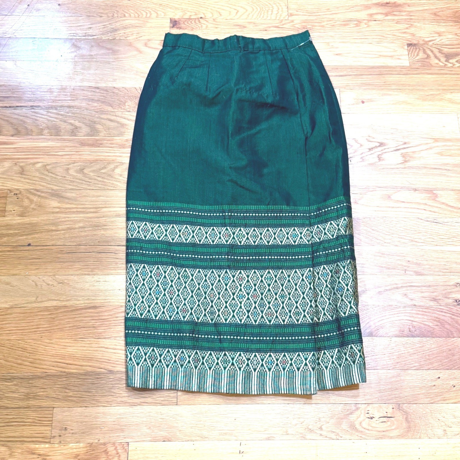 Vintage Thai Silk Forest Green Geometric Border Print Midi Skirt Tailored Zip