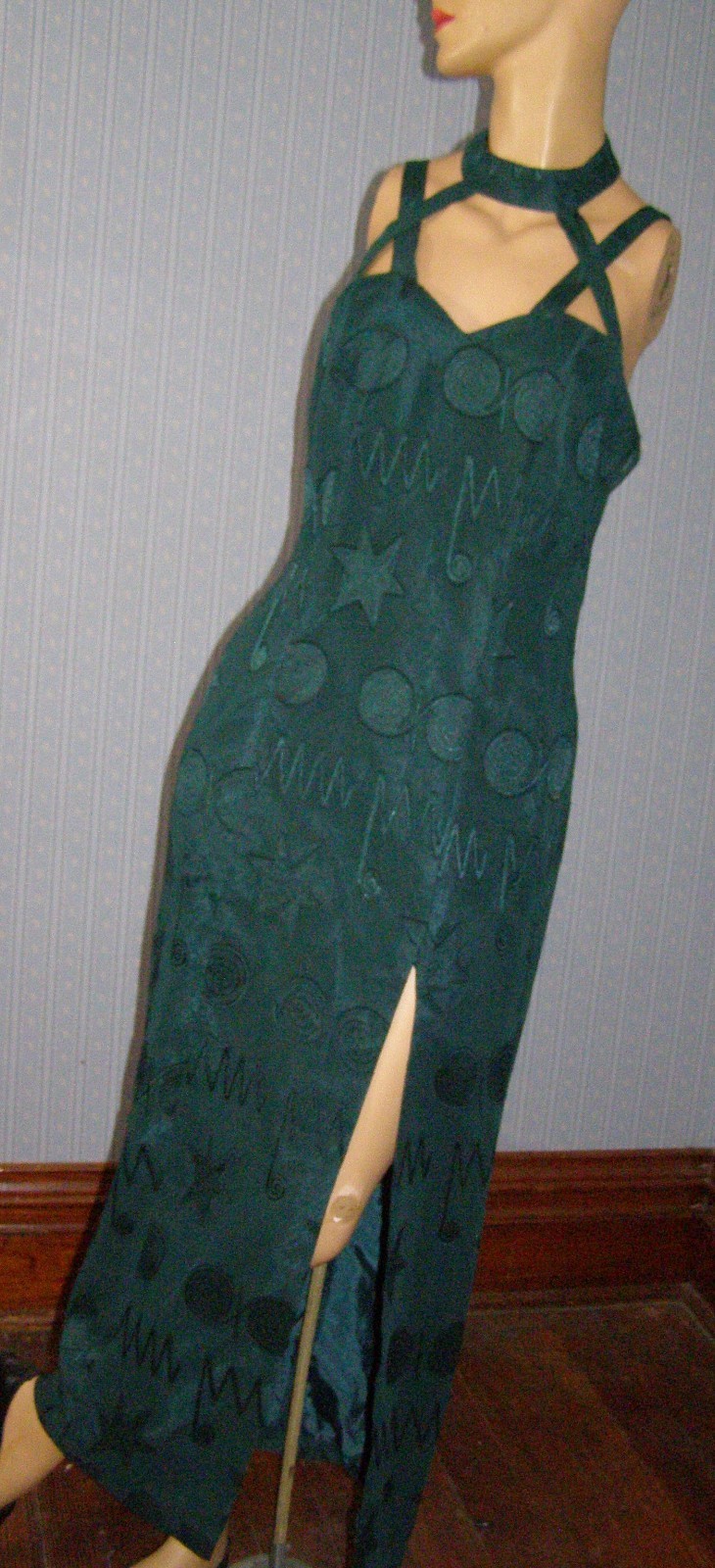 Vintage 90&rsquo;s forest green EMBOSSED SHAPES evening dress M L TRIBAL art deco