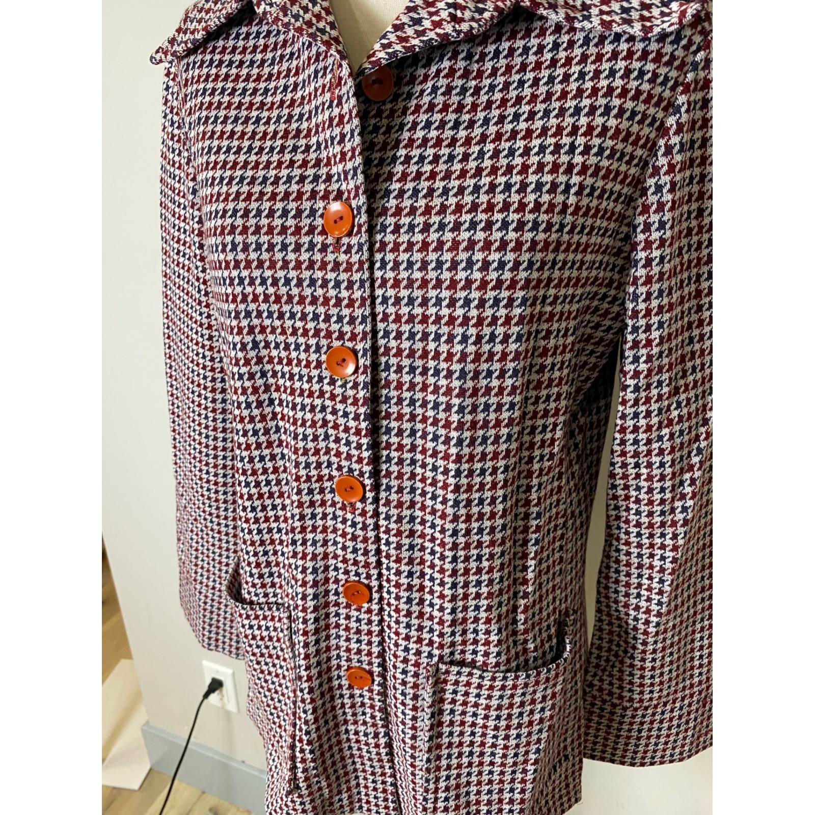 Vintage Tiger 1970s Houndstooth Knit Jacket Red White Blue Button Up Blazer
