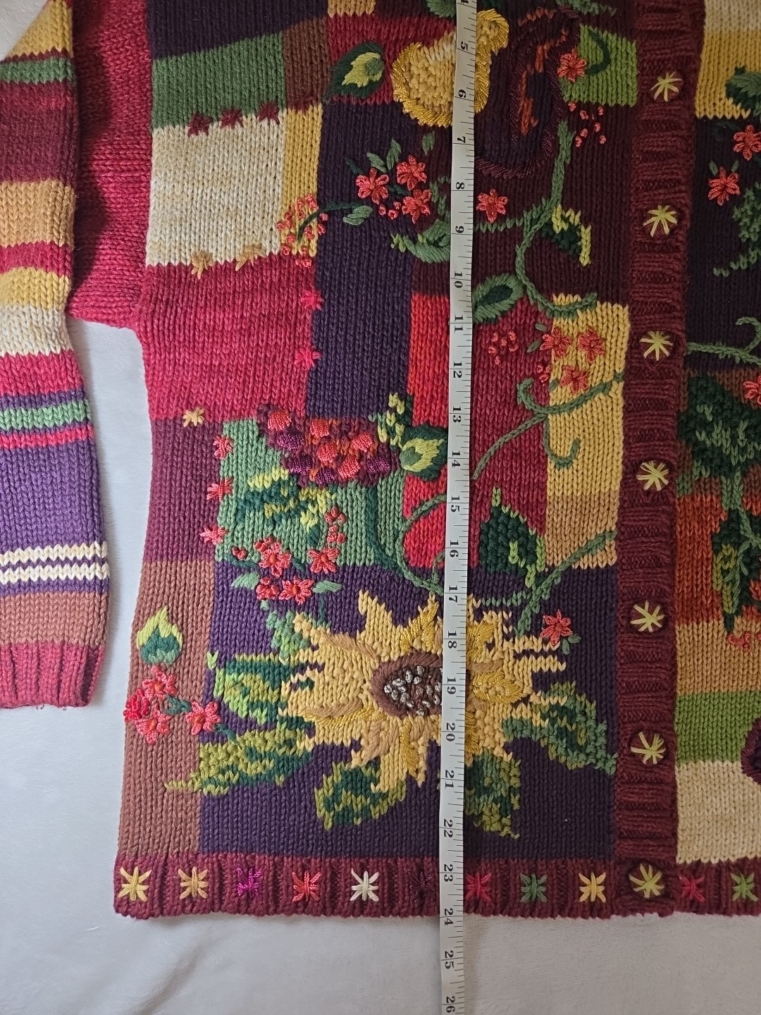 Vintage 2001 Tiara International Chunky Knit Cardigan Sweater Sunflower Fruit XL