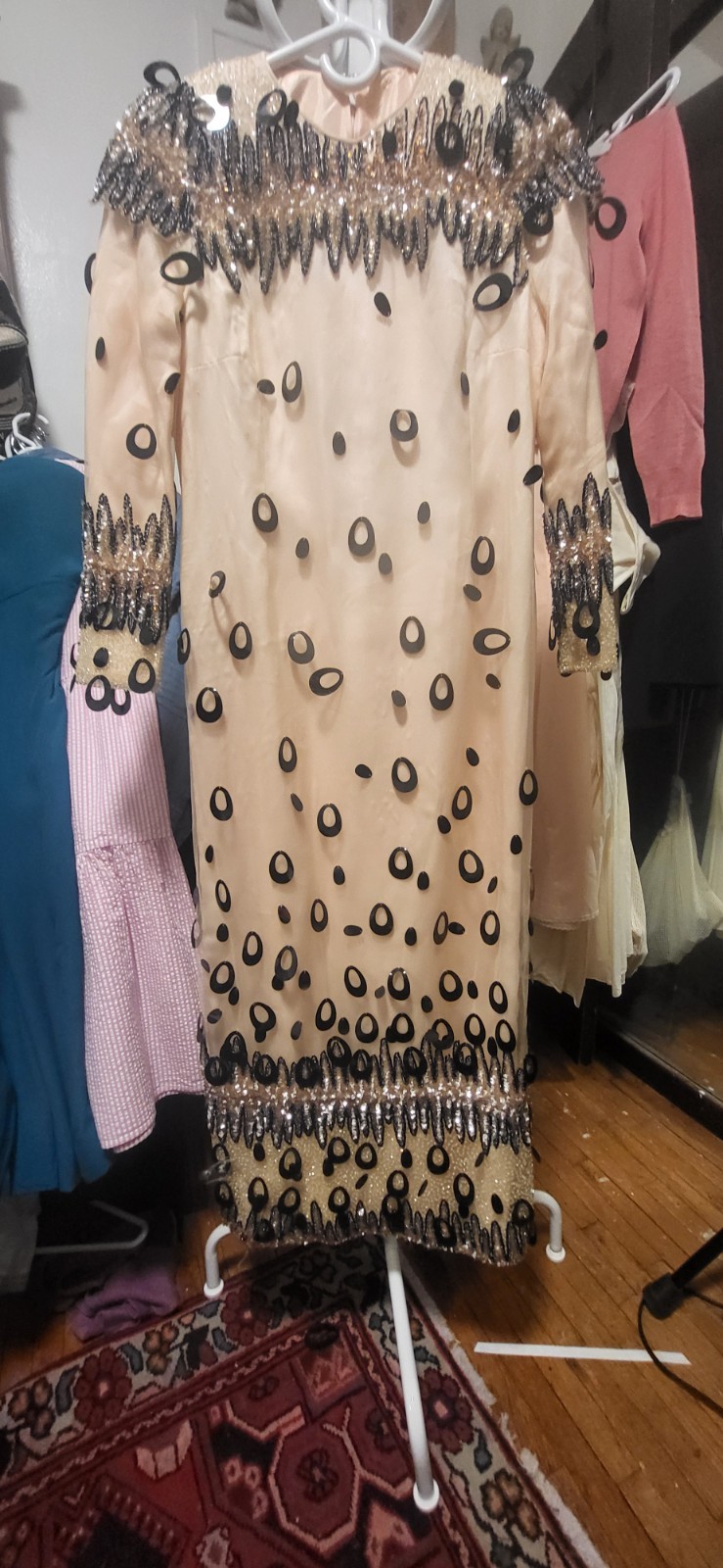 Vintage Custom Peach Pink Beads & Bangles Straight Cut Midi Tea Length Dress S
