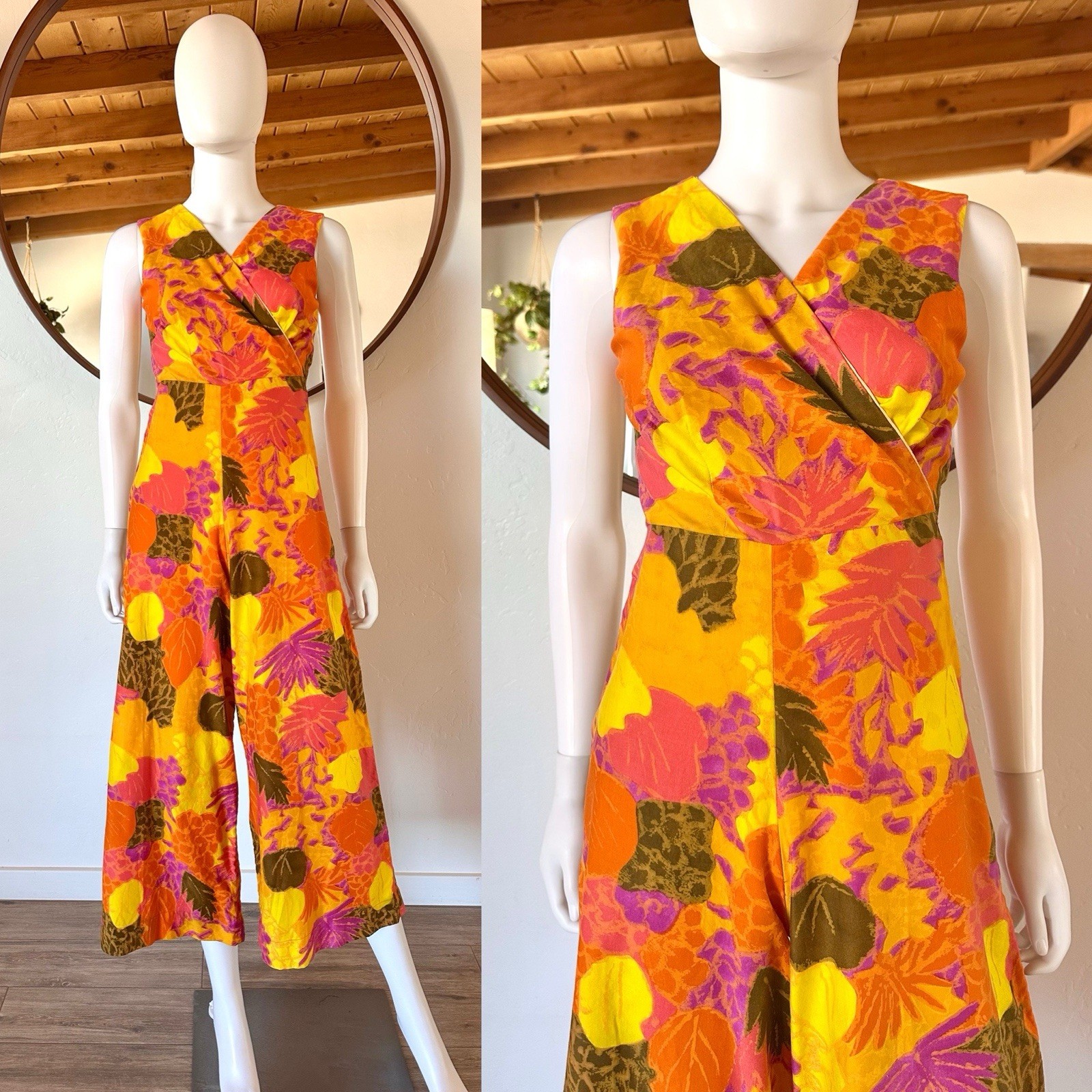 Vintage 60&rsquo;s Handmade Hawaiian Tiki Colorful Cotton Palazzo Jumpsuit Fits XS-S