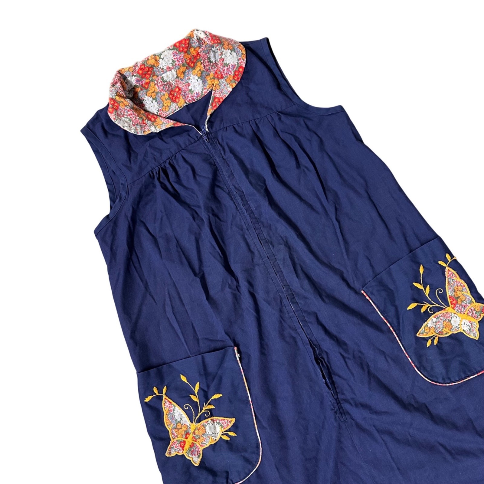Vintage Duster Housecoat Handmade 1970s Sleeveless Floral Butterfly Pockets