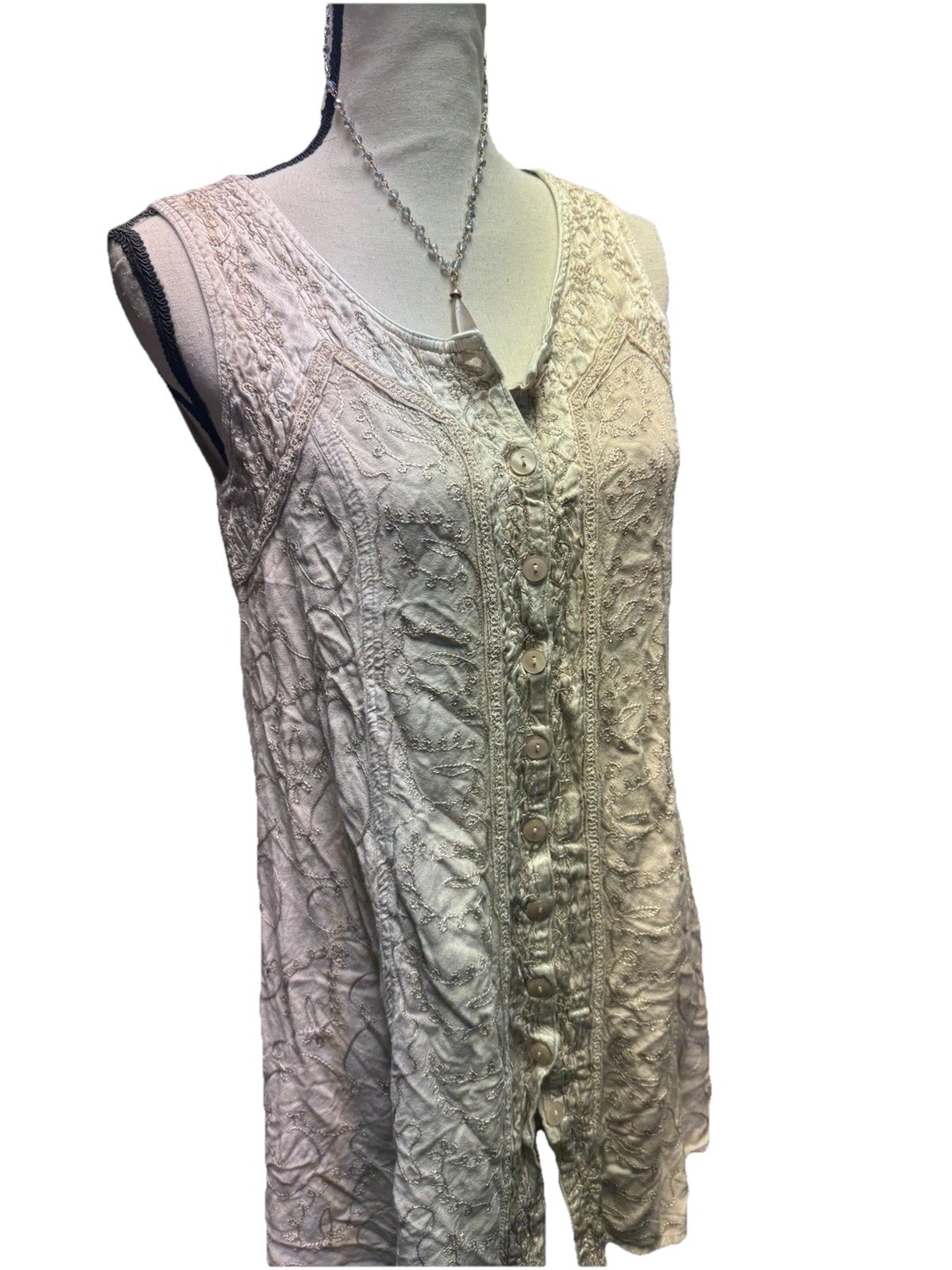 Vtg Boho Embroidered Button Front Tie Back Mini Dress Tan Beige One size Hippy