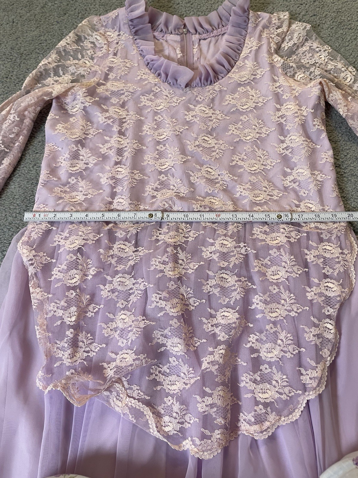 Vtg 70s Handmade Victorian Maxi Dress Sz L Lavender Floral Lace Overlay Prairie