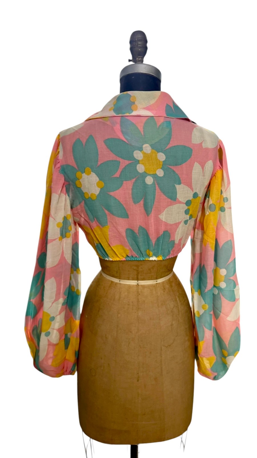 Vintage 70s Dagger Collar Flower Power Crop Top Puffy Sleeves Small