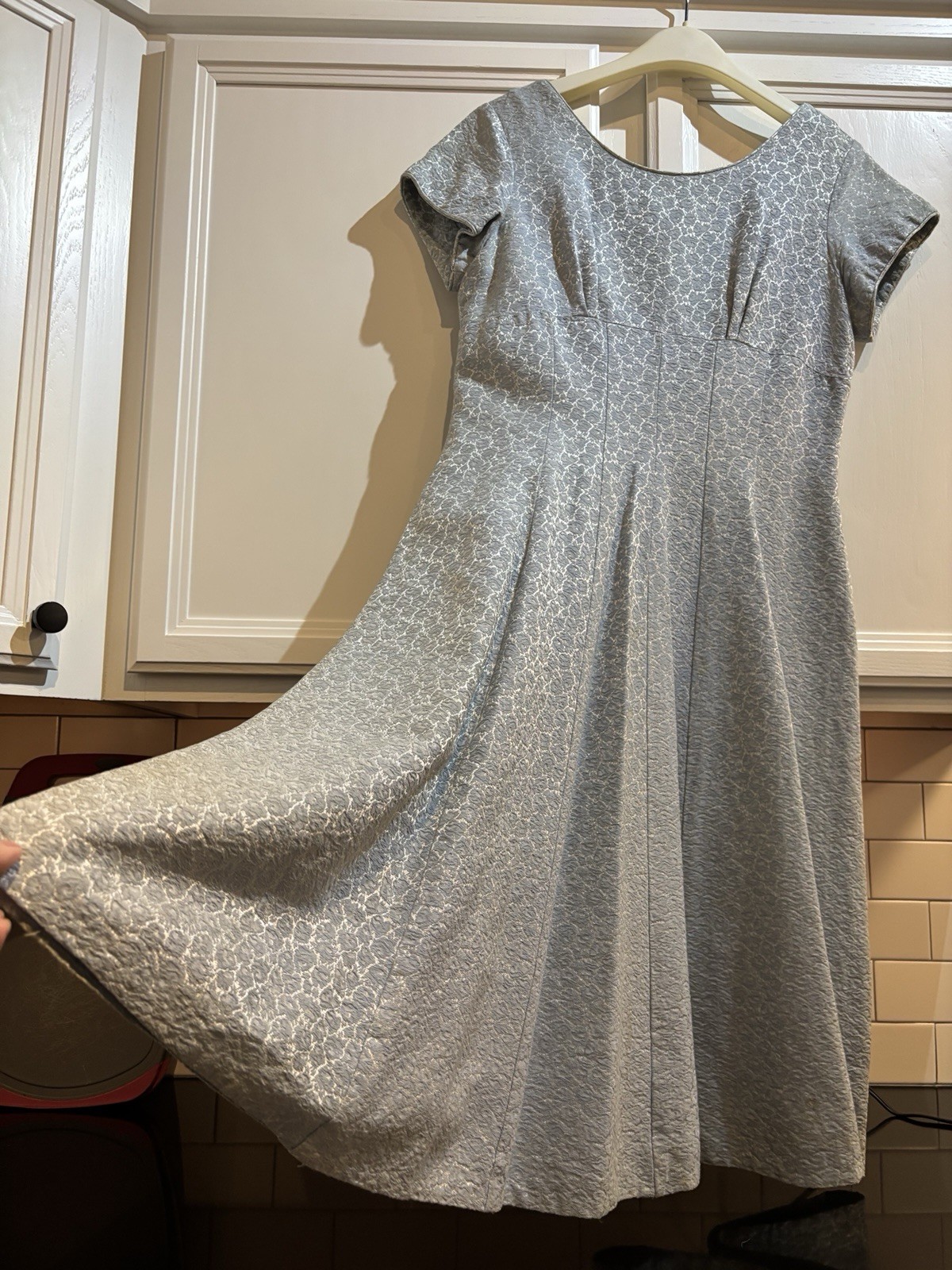 1960s Vintage Shimmering Powder Blue Floral Brocade Mid Length Dress. M/L Hand
