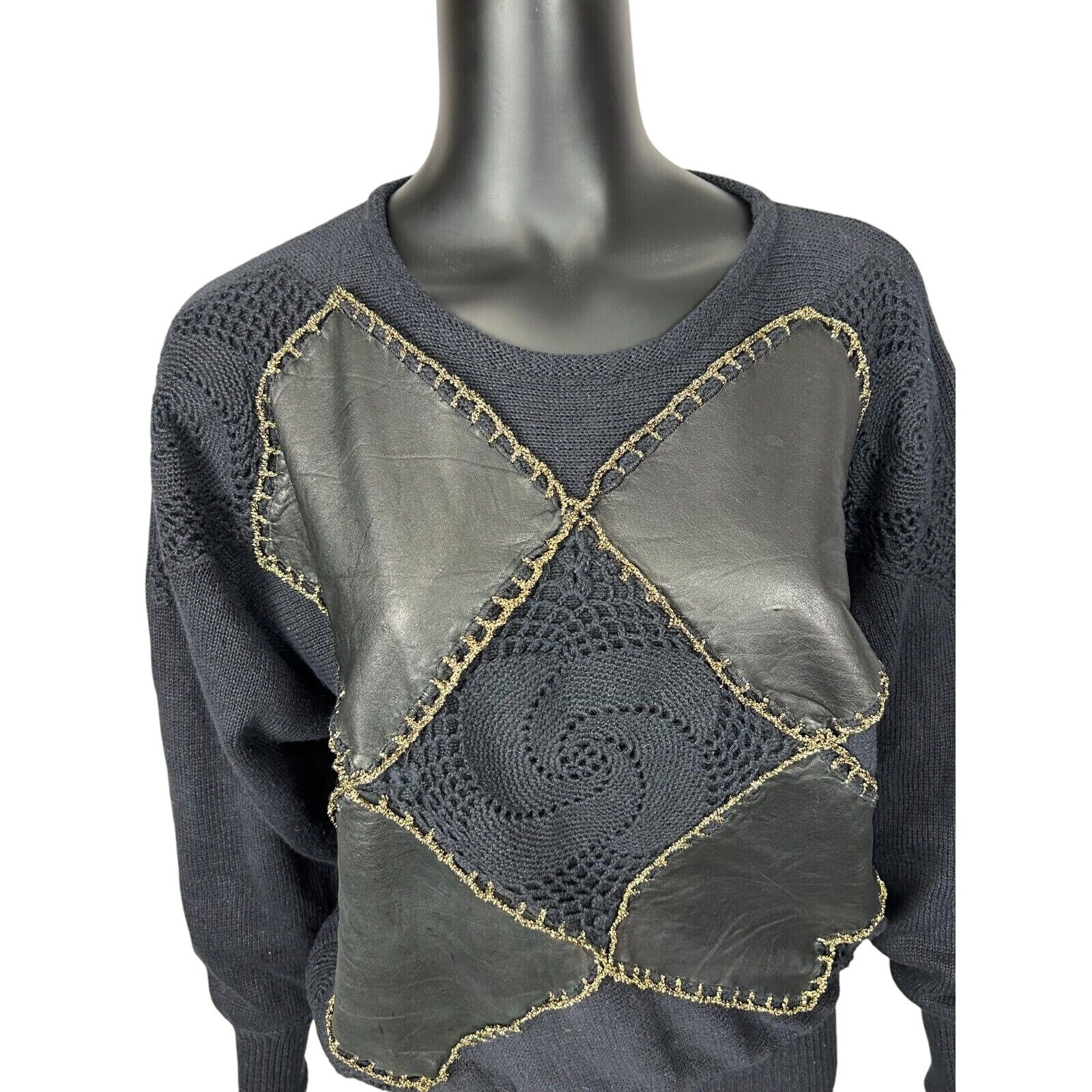 Andriano Black Sweater Patchwork Argyle Faux Leather Women&rsquo;s Small Vegan Vintage