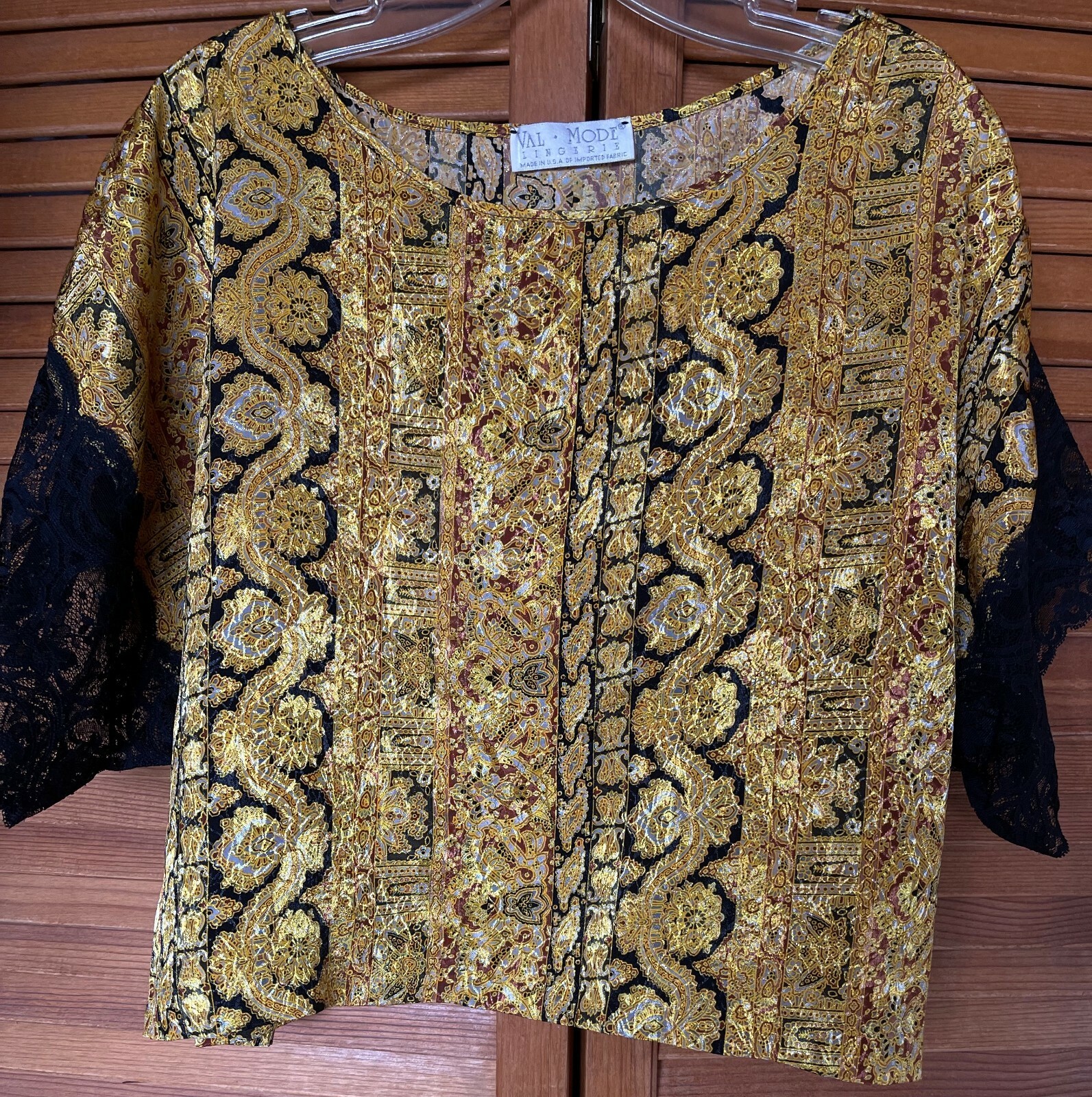 VAL MODE LINGERIE, L, 1980&rsquo;S SILK-LIKE TOP WITH LACE, GOLD BLACK PATTERN, EUC