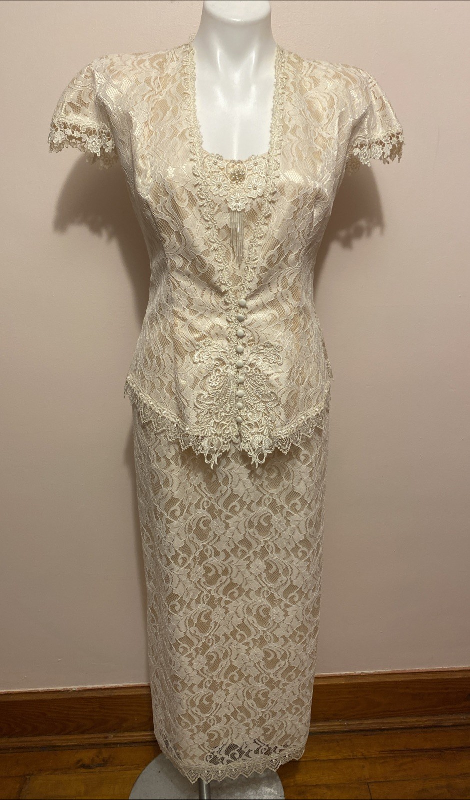 VTG Susan Lane&rsquo;s Country Elegance Lace Pearl Sheath Dress Top Set Victorian 12