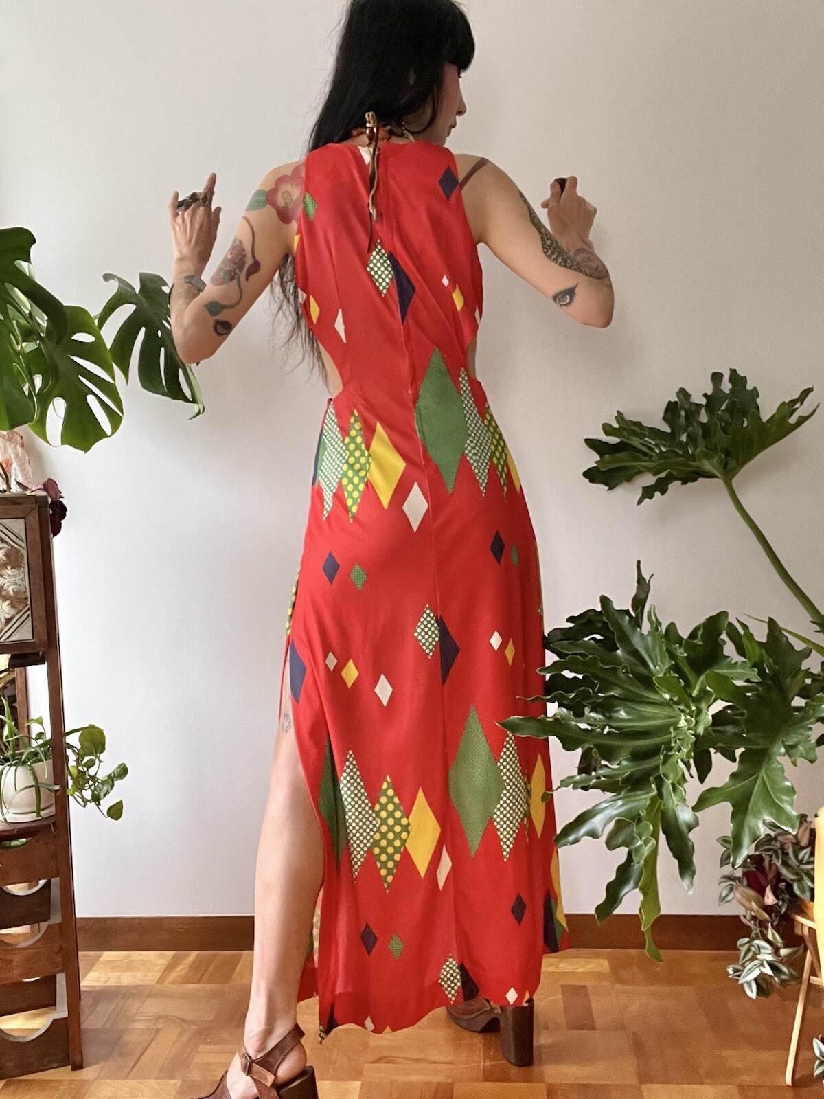 VTG 60s 70s Mod Geometric Cutout Maxi Dress S/M Psych Kitsy Boho Side Slit