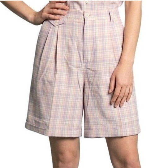 Liz Sport Vintage Pastel Plaid Pleated Cotton Shorts Purple Pink Yellow Size 4