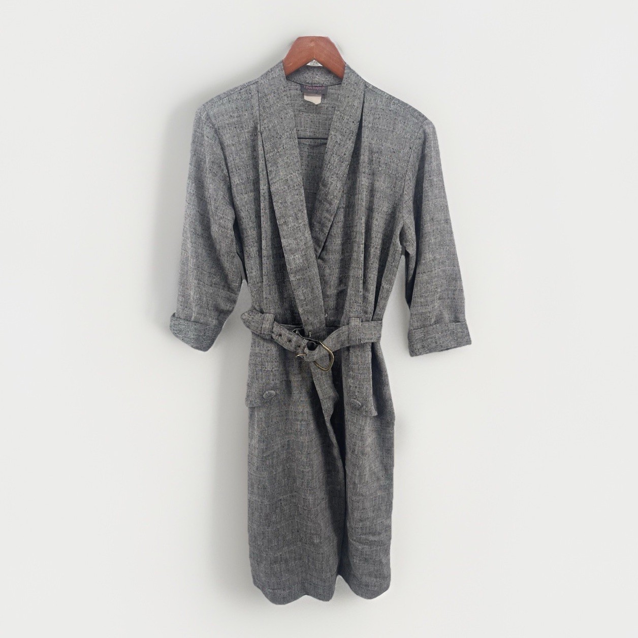 Vtg Tina Barrie Belted Dress Women Size 14 Gray Midi USA Secretary Style