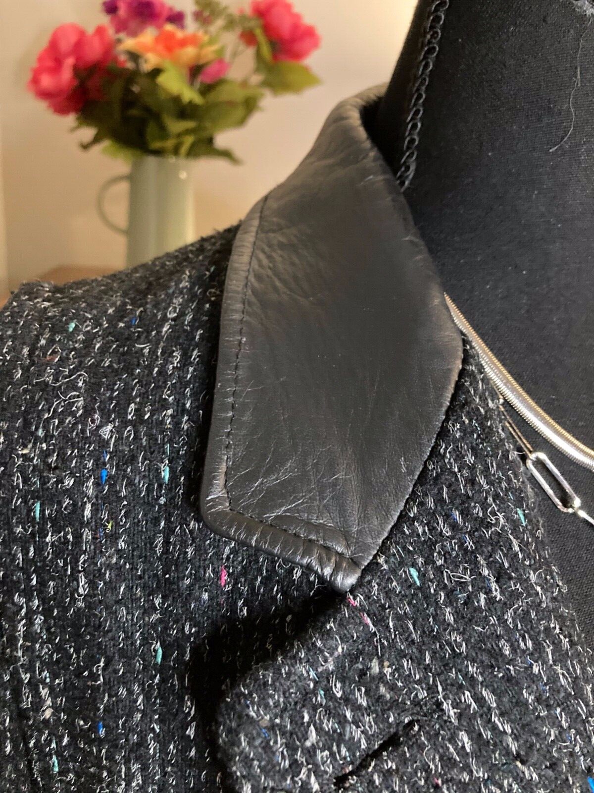 BBI Black Women&rsquo;s Vintage Textured Tweed Wool Overcoat w/ Leather Trim L XL 