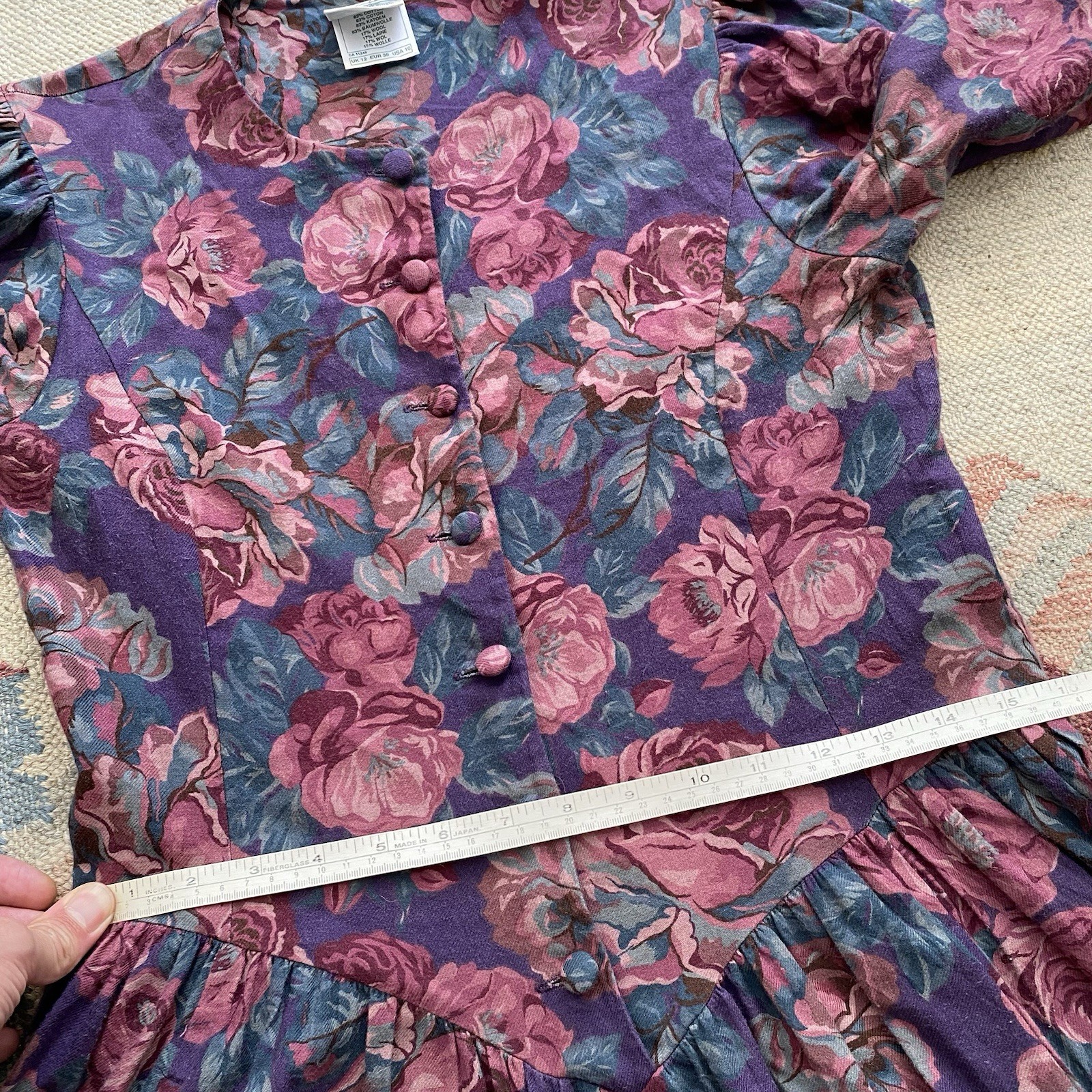 Vintage Laura Ashley Dress Floral Size 10 Wool Cotton Blend Long Sleeve Modest
