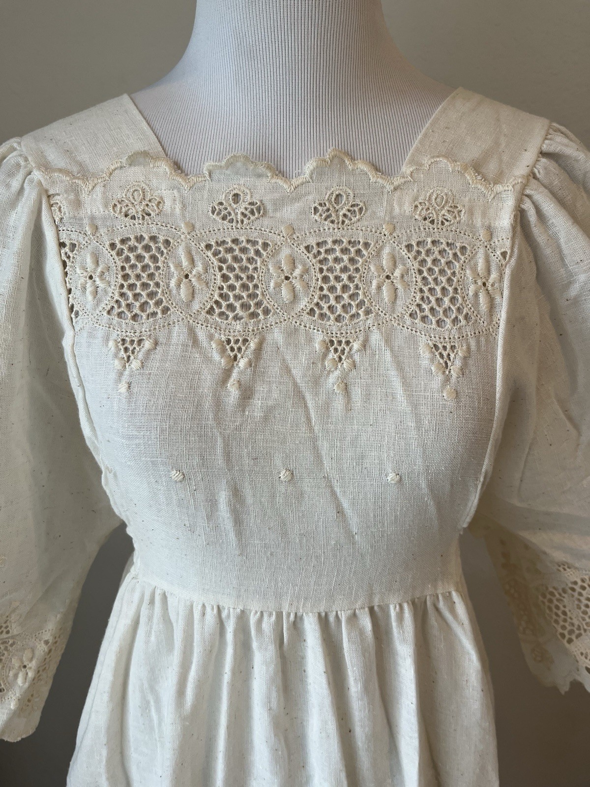 Vintage 70s Kaftan Dress Eyelet Cotton Blend Size L Gauzy Goddess Prairie USA