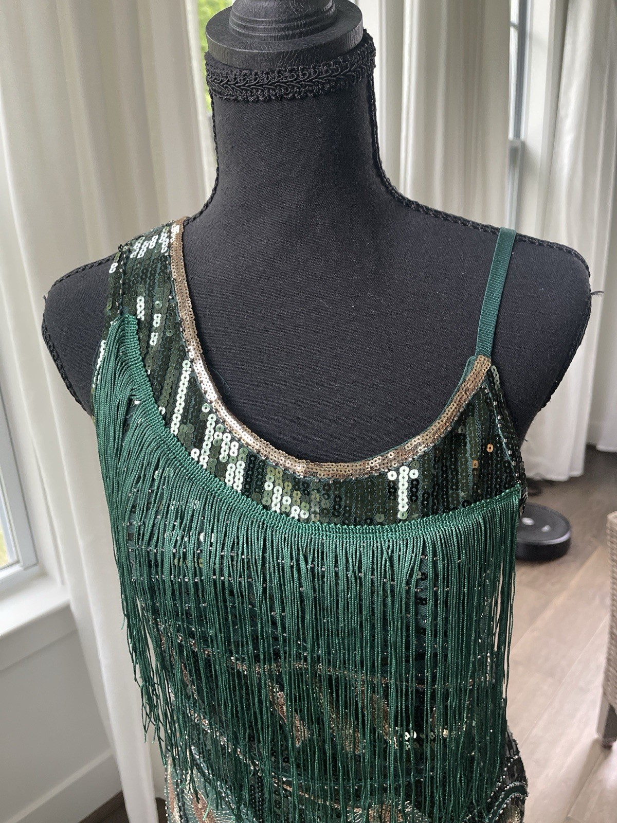 1920s Gatsby Flapper Dress Green Sequin Fringe Beaded Art Deco Evening