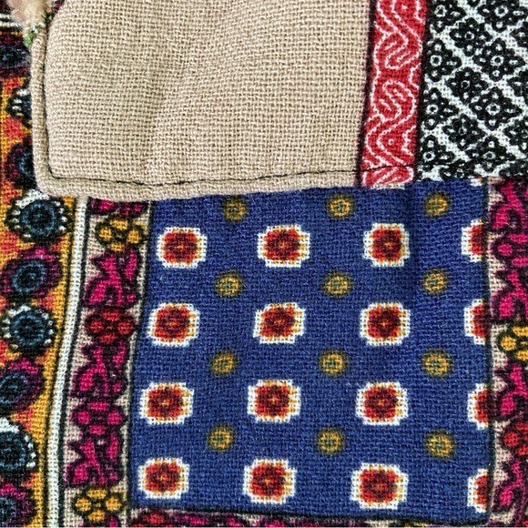 Hippy Patchwork Coat Faux Fur Lined Hooded Multi-Colored Pockets (Size XXL)