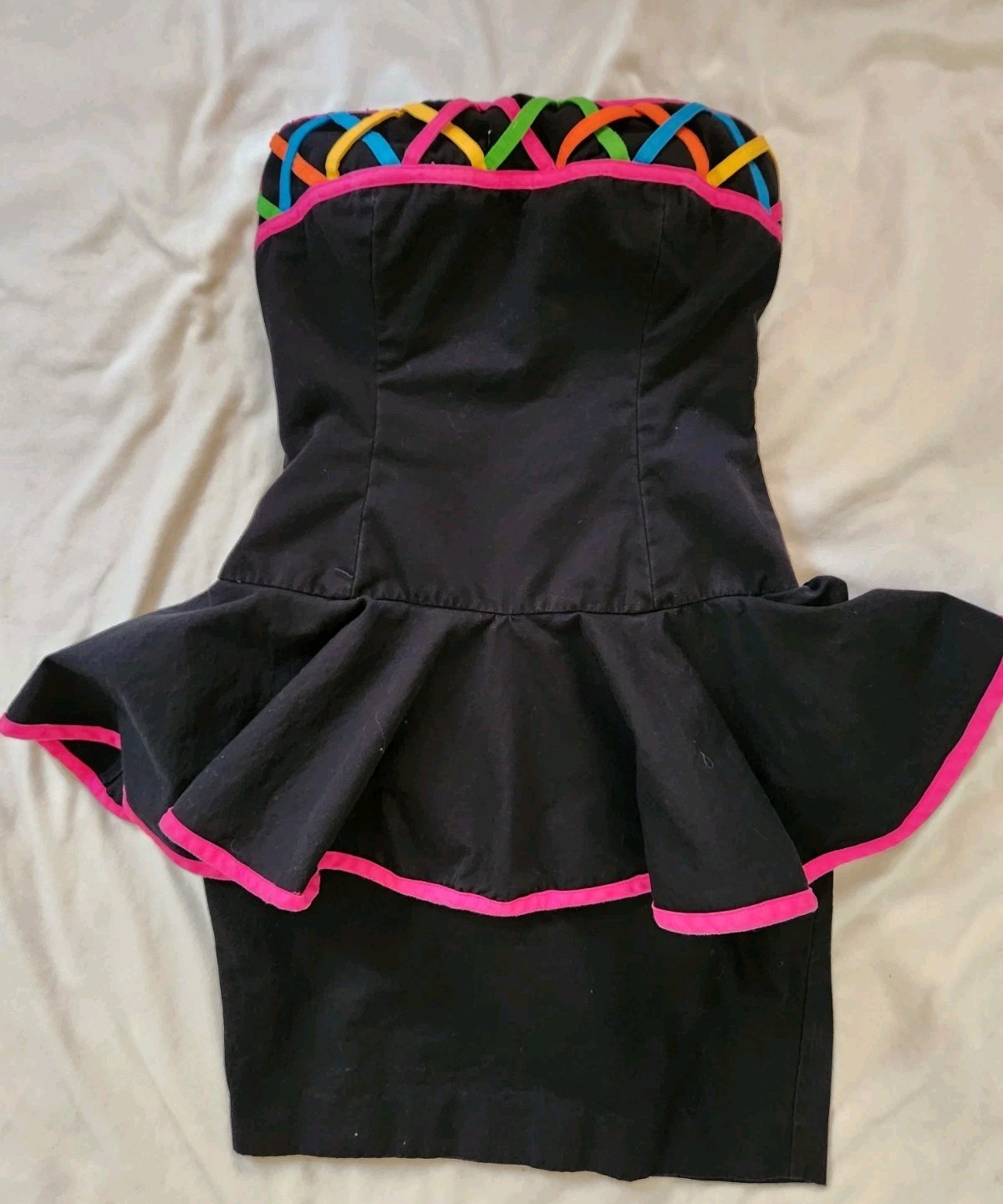 Vintage 1980s Peplum Dress Rave Neon Rainbow 80s Birthday Wedding Rio Carnival