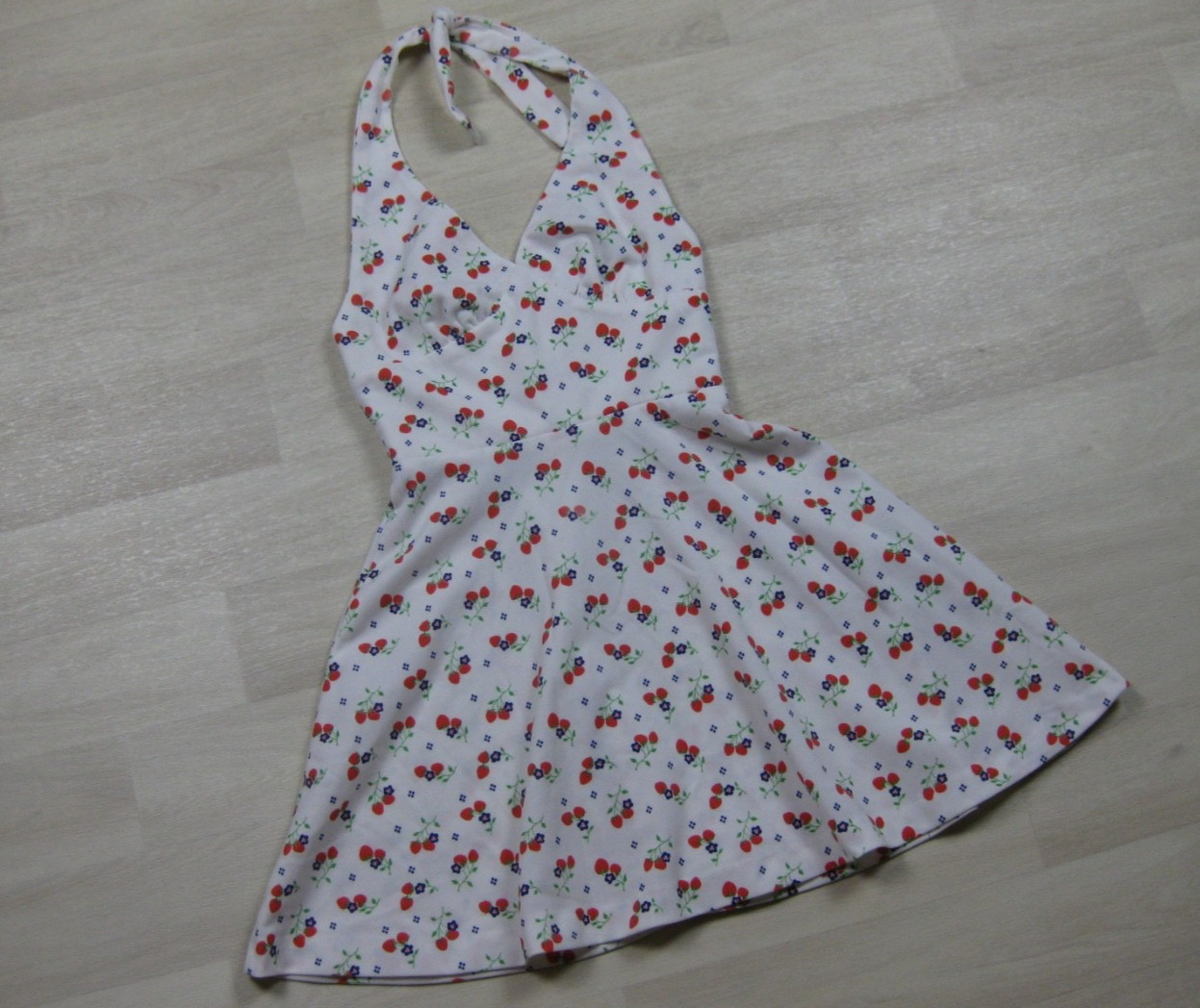 Vintage 70s Halter Micro Mini Swing Dress (XS) Open Back Strawberry Print Pinup