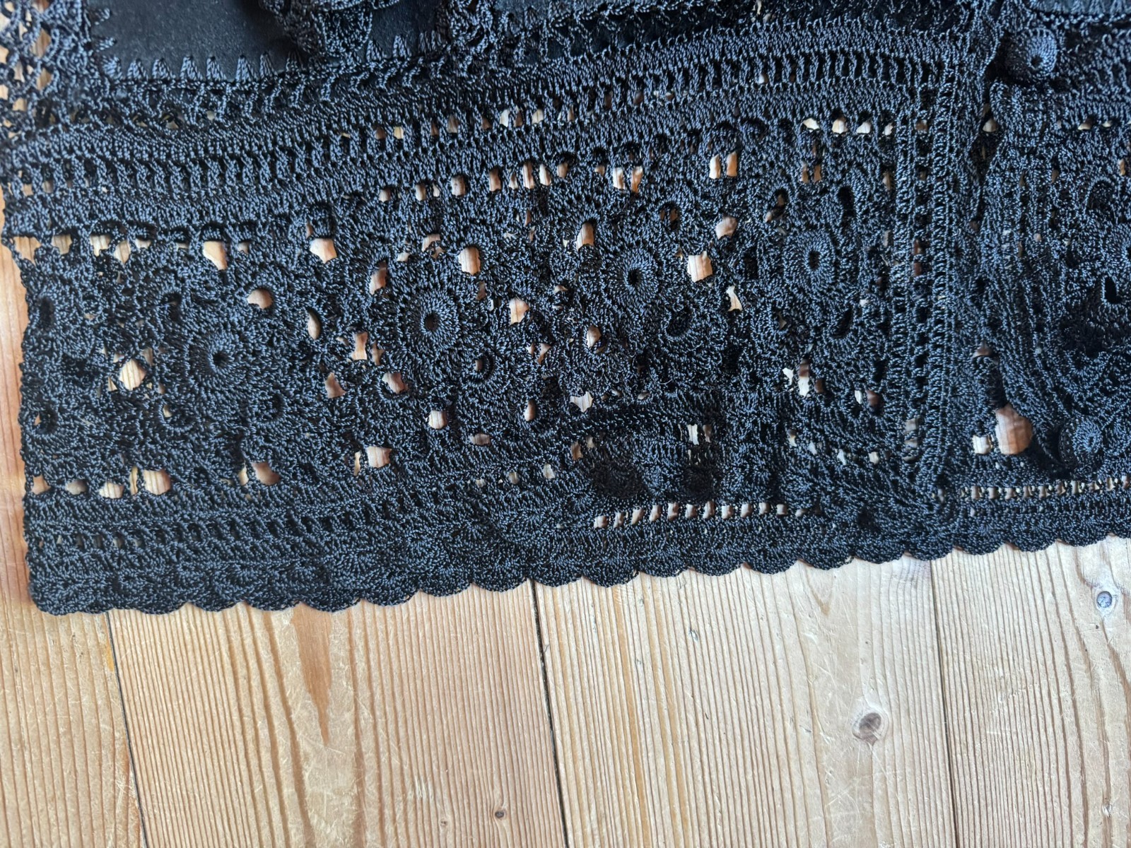 Vintage Leather Jacket Black Crochet Lace Boho Gothic Oversized 44 46 48