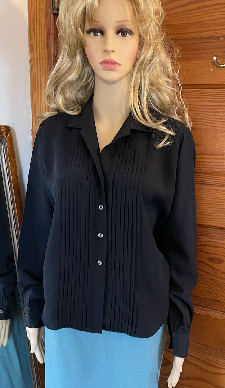 Vintage 50s JUDY BOND BLACK RAYON ROCKABILLY Shirt Blouse PINTUCKS 18-38 Exc